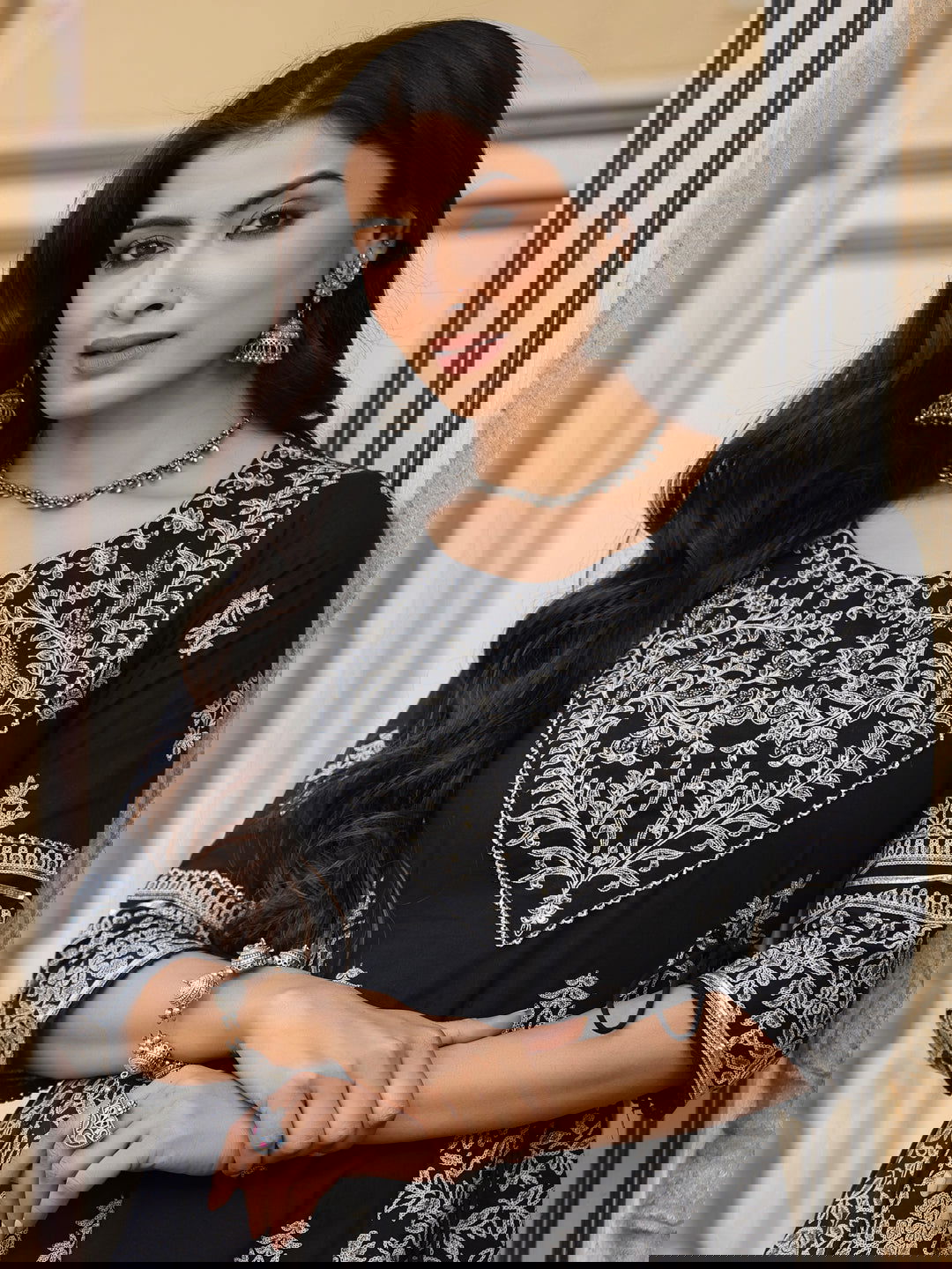 Juniper  Black & White Ethnic Motif Printed Pure Cotton Flared Maxi Dress With Beads & Sequins 