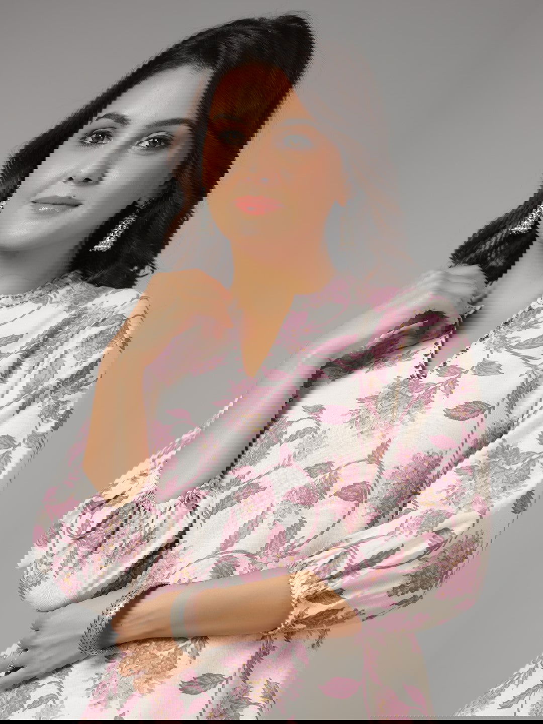 Juniper  Blooms Lavender Floral Printed Cotton Flex Kurta With Beads & Sequins Work 