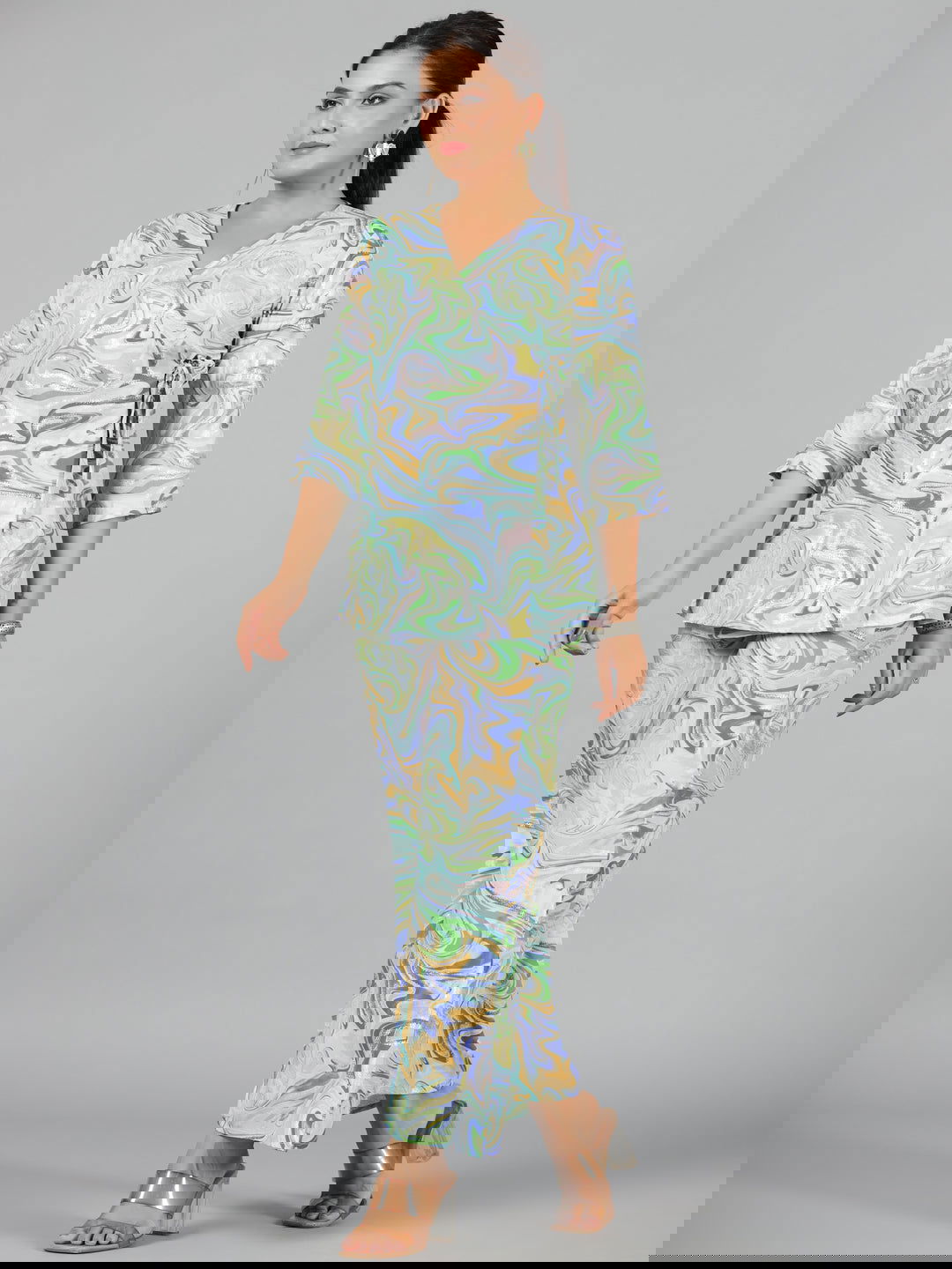 Juniper Blue Abstract Printed Kasturi Silk Tunic With Pants 