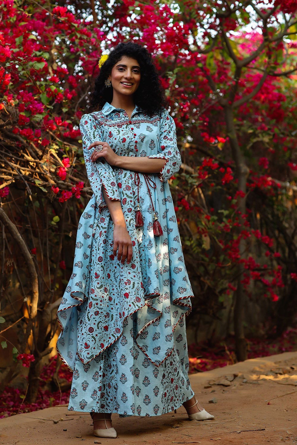 Juniper Blue Cambric Printed Asymmetric Tunic Palazzo Set 