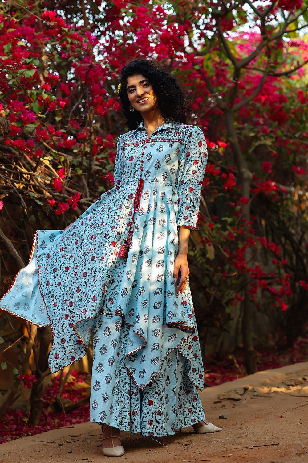 Juniper Blue Cambric Printed Asymmetric Tunic Palazzo Set 