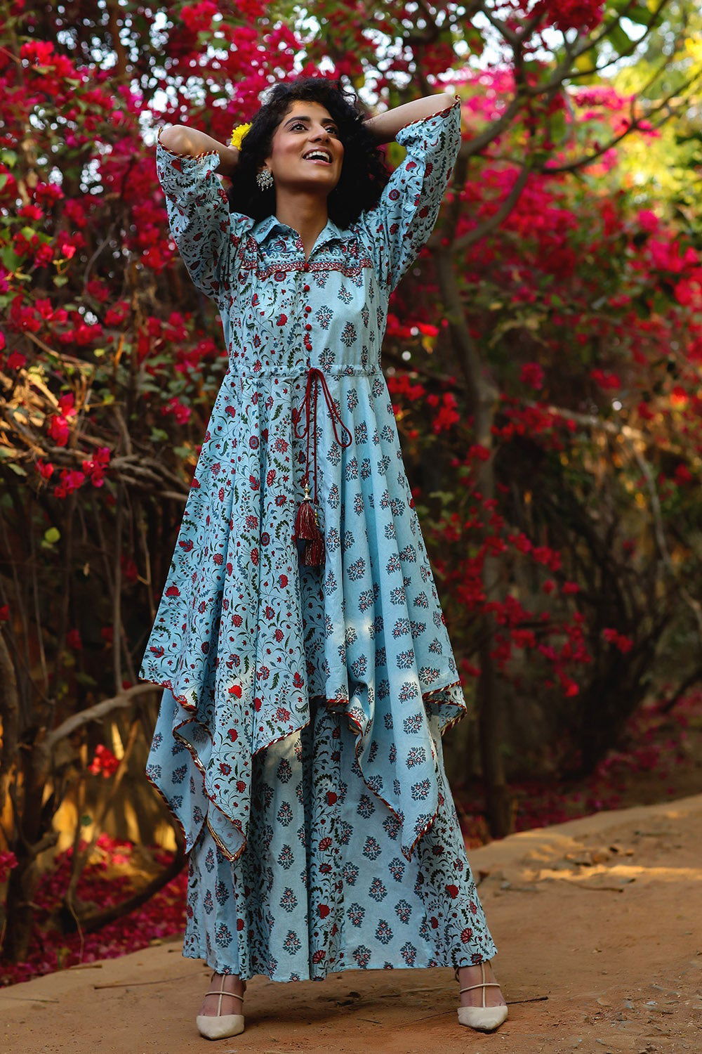Juniper Blue Cambric Printed Asymmetric Tunic Palazzo Set 