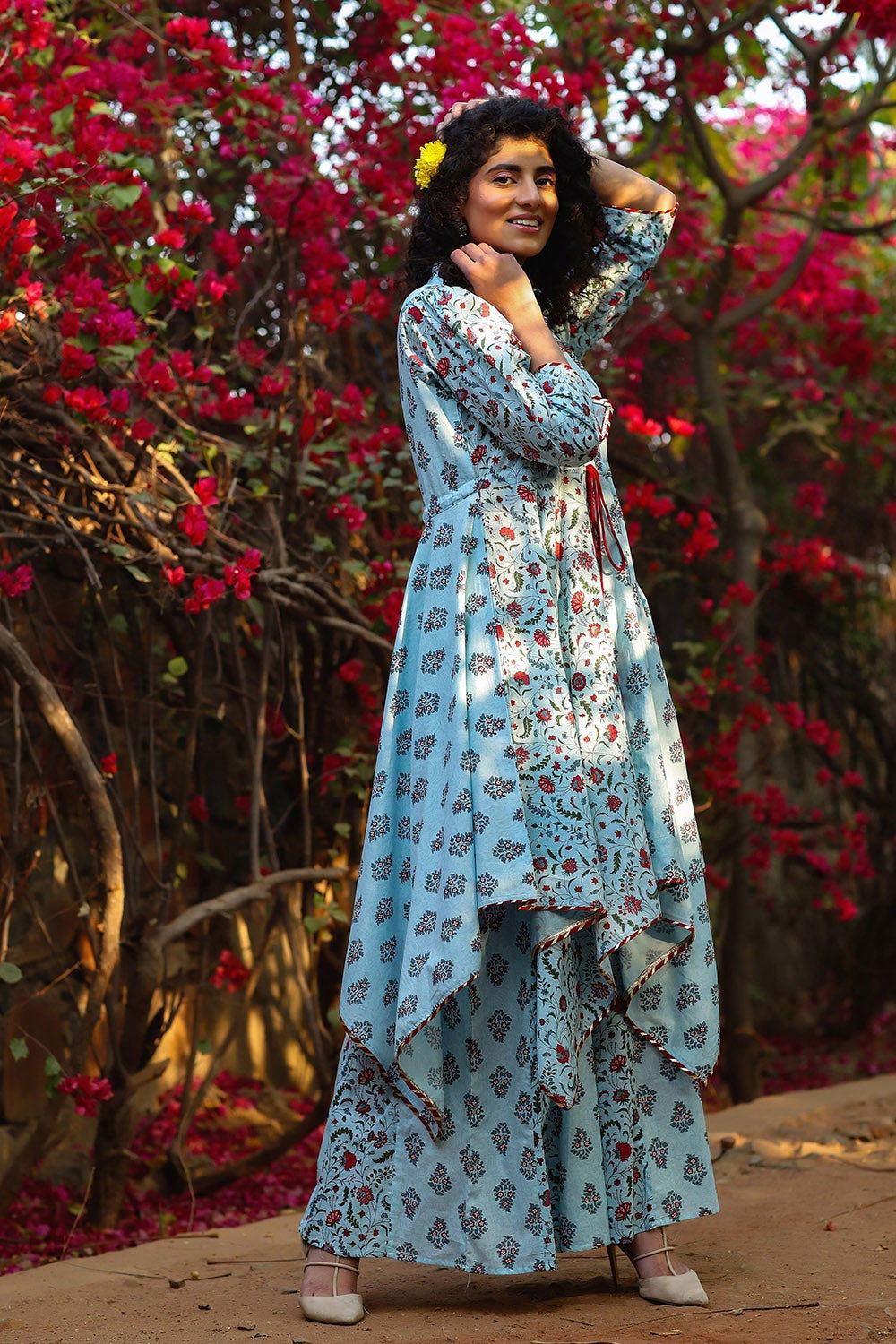 Juniper Blue Cambric Printed Asymmetric Tunic Palazzo Set 