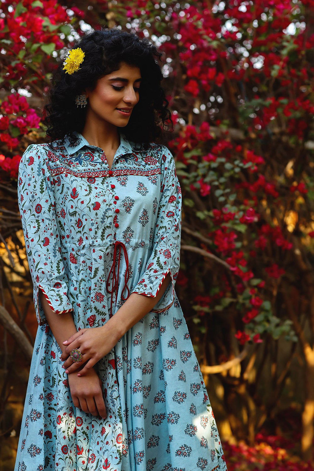 Juniper Blue Cambric Printed Asymmetric Tunic Palazzo Set 