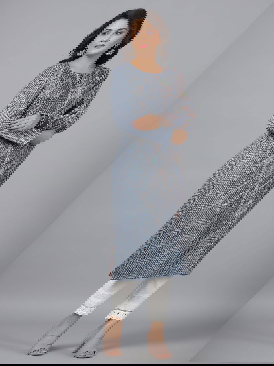 Juniper  Blue Checked Printed Polyester Kurta With Sequins Work 
