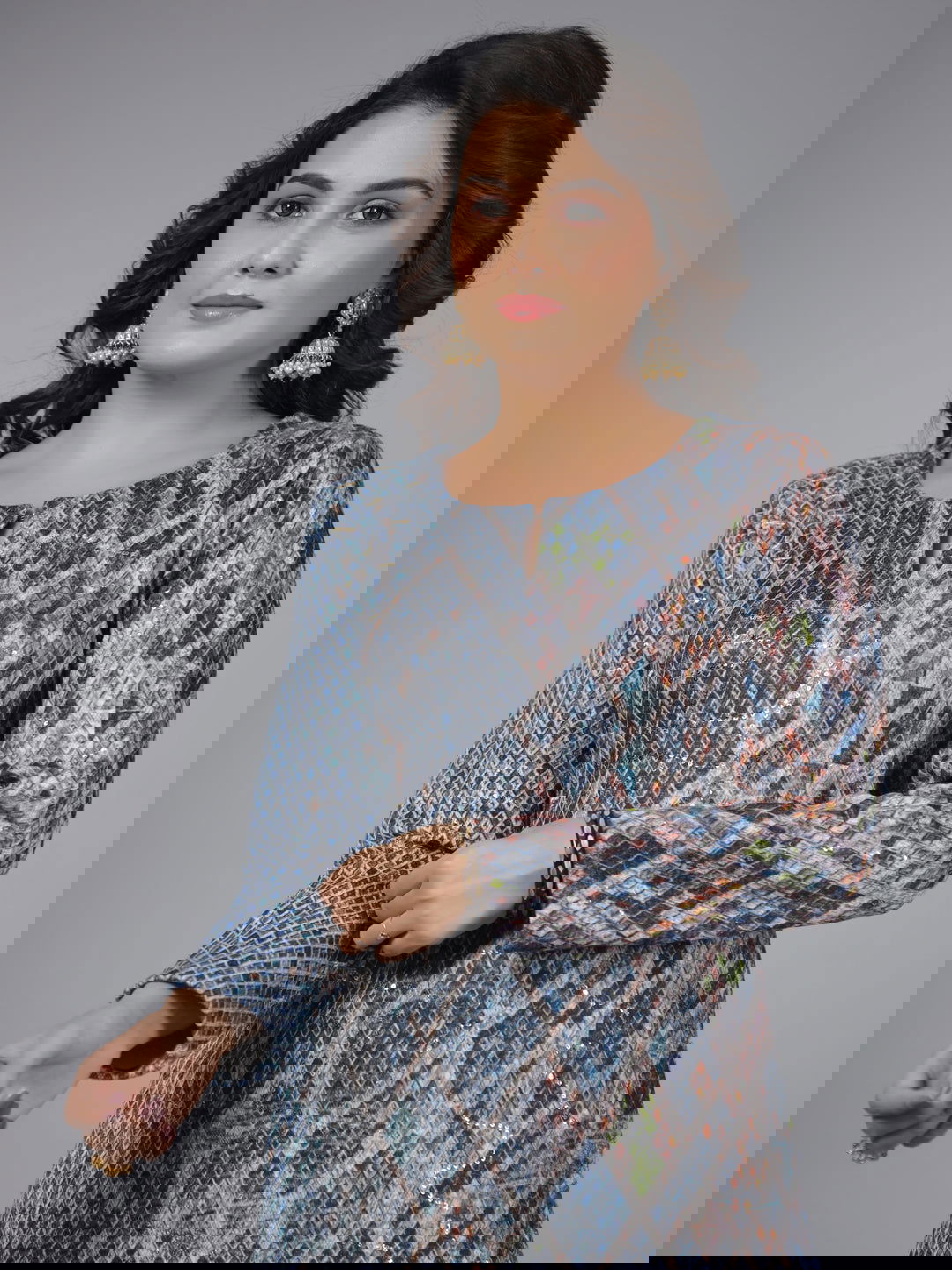 Juniper  Blue Checked Printed Polyester Kurta With Sequins Work 