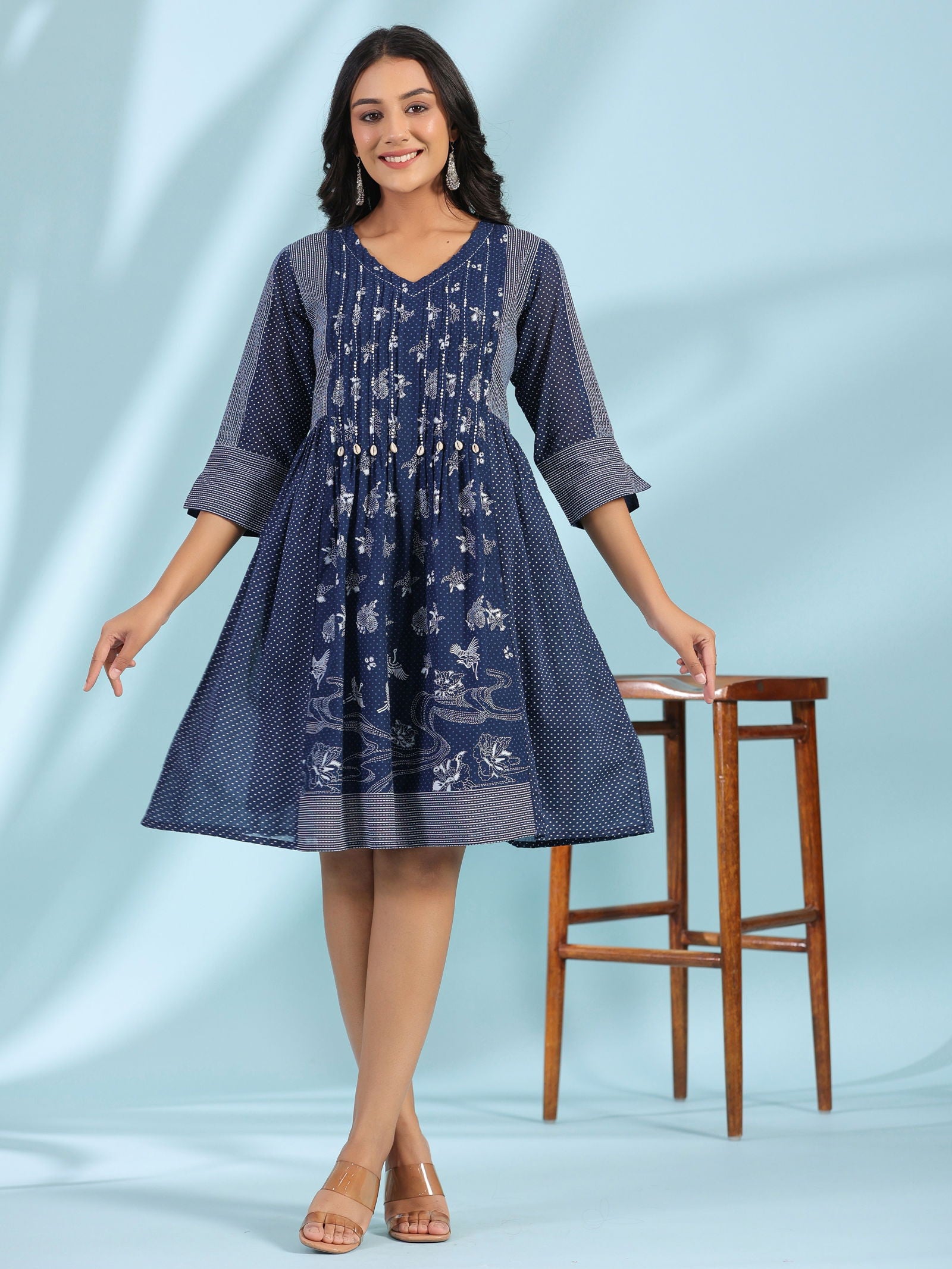 Juniper Blue Cotton Ethnic Motif Printed A-Line Dress With Pintucks At Front & Beadwork 