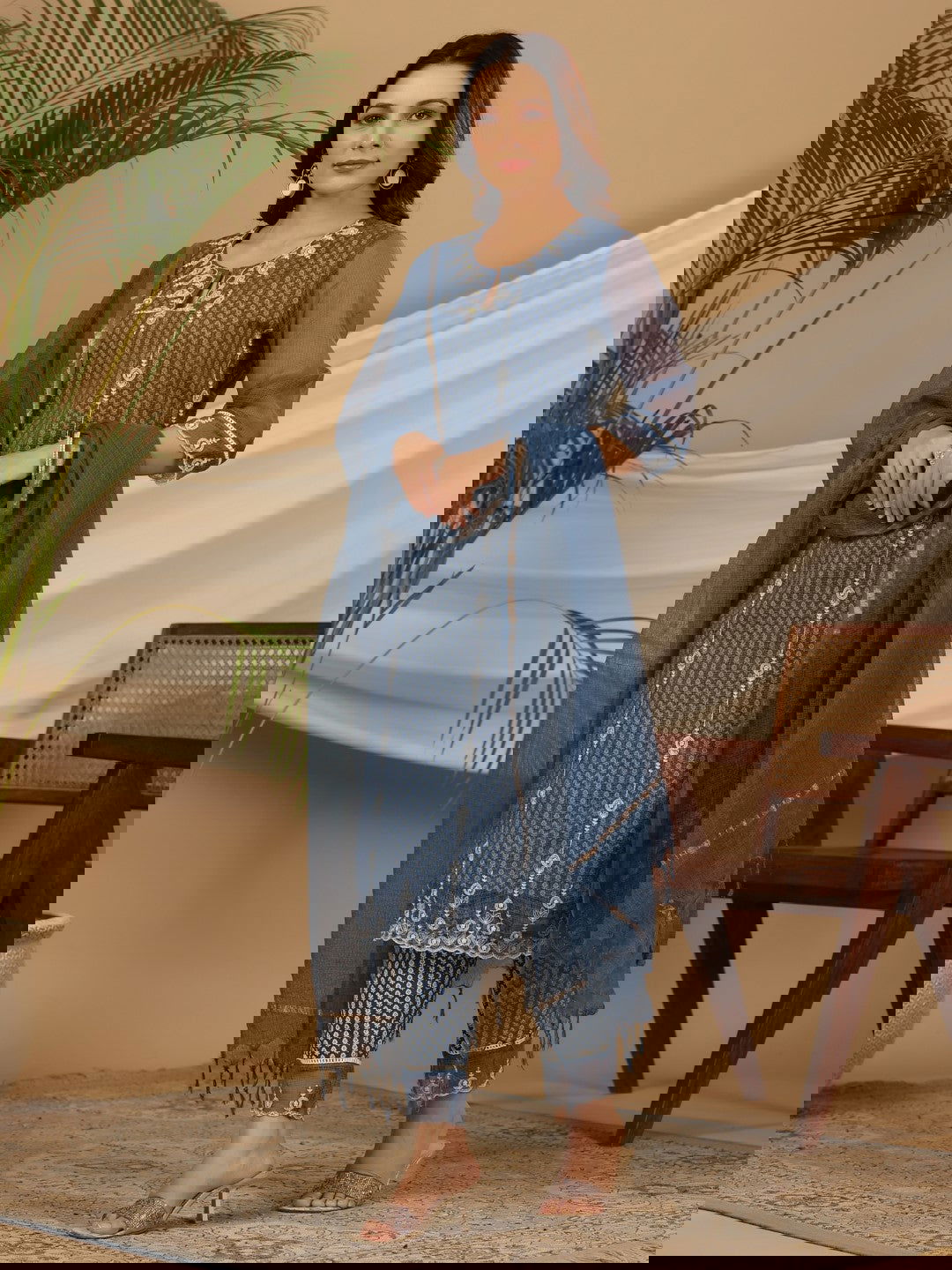 Juniper Blue Cotton & Kota Doria Layered Kurta With Pants And Dupatta Set With Thread Embroidery (3-Pcs) 