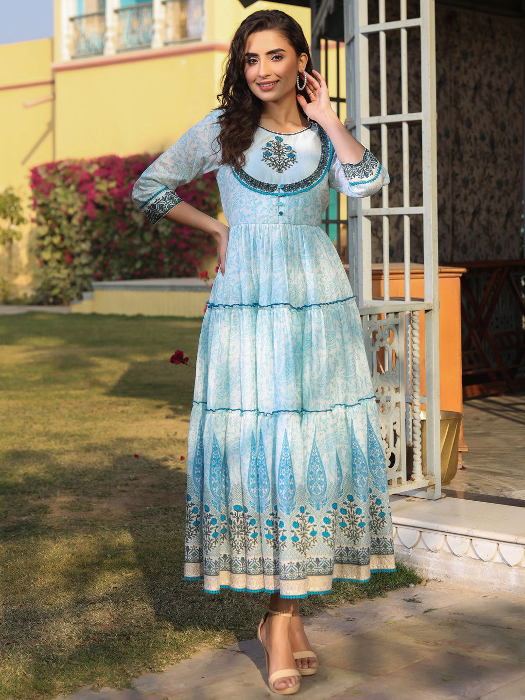 Juniper Blue Ethnic Motif Cotton Voile Printed With Embroidery Tiered Maxi Dress with Thread Work 