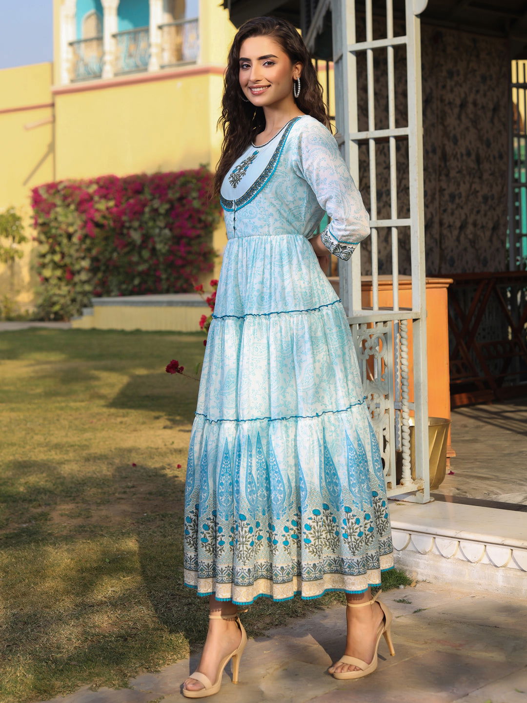 Juniper Blue Ethnic Motif Cotton Voile Printed With Embroidery Tiered Maxi Dress with Thread Work 