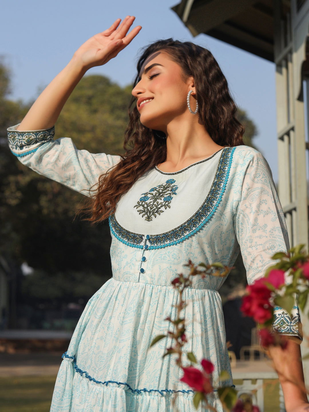 Juniper Blue Ethnic Motif Cotton Voile Printed With Embroidery Tiered Maxi Dress with Thread Work 