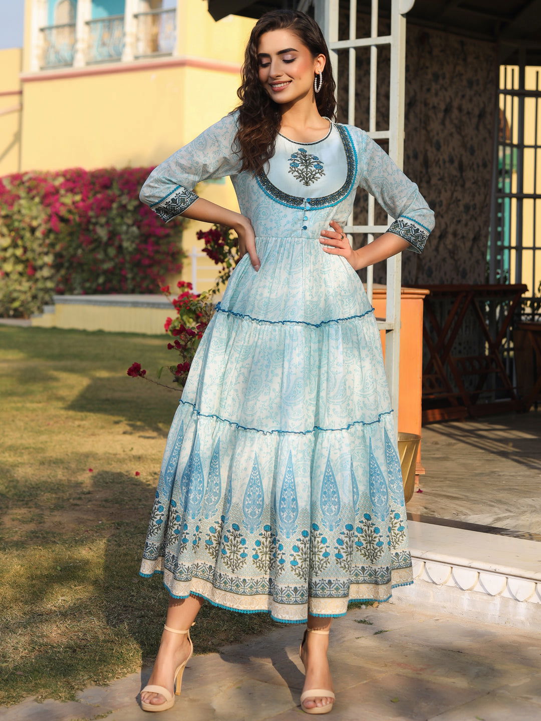 Juniper Blue Ethnic Motif Cotton Voile Printed With Embroidery Tiered Maxi Dress with Thread Work 
