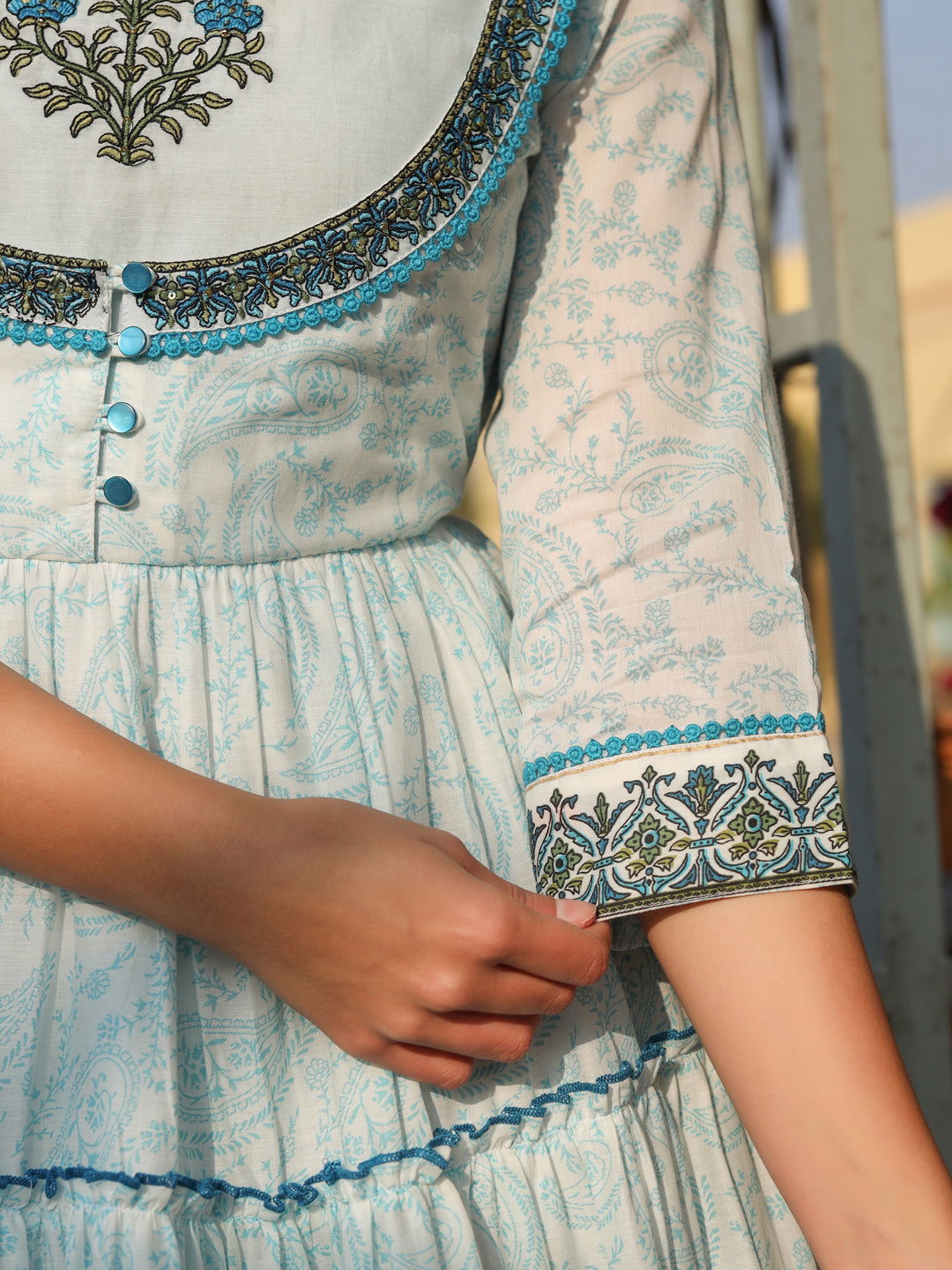 Juniper Blue Ethnic Motif Cotton Voile Printed With Embroidery Tiered Maxi Dress with Thread Work 