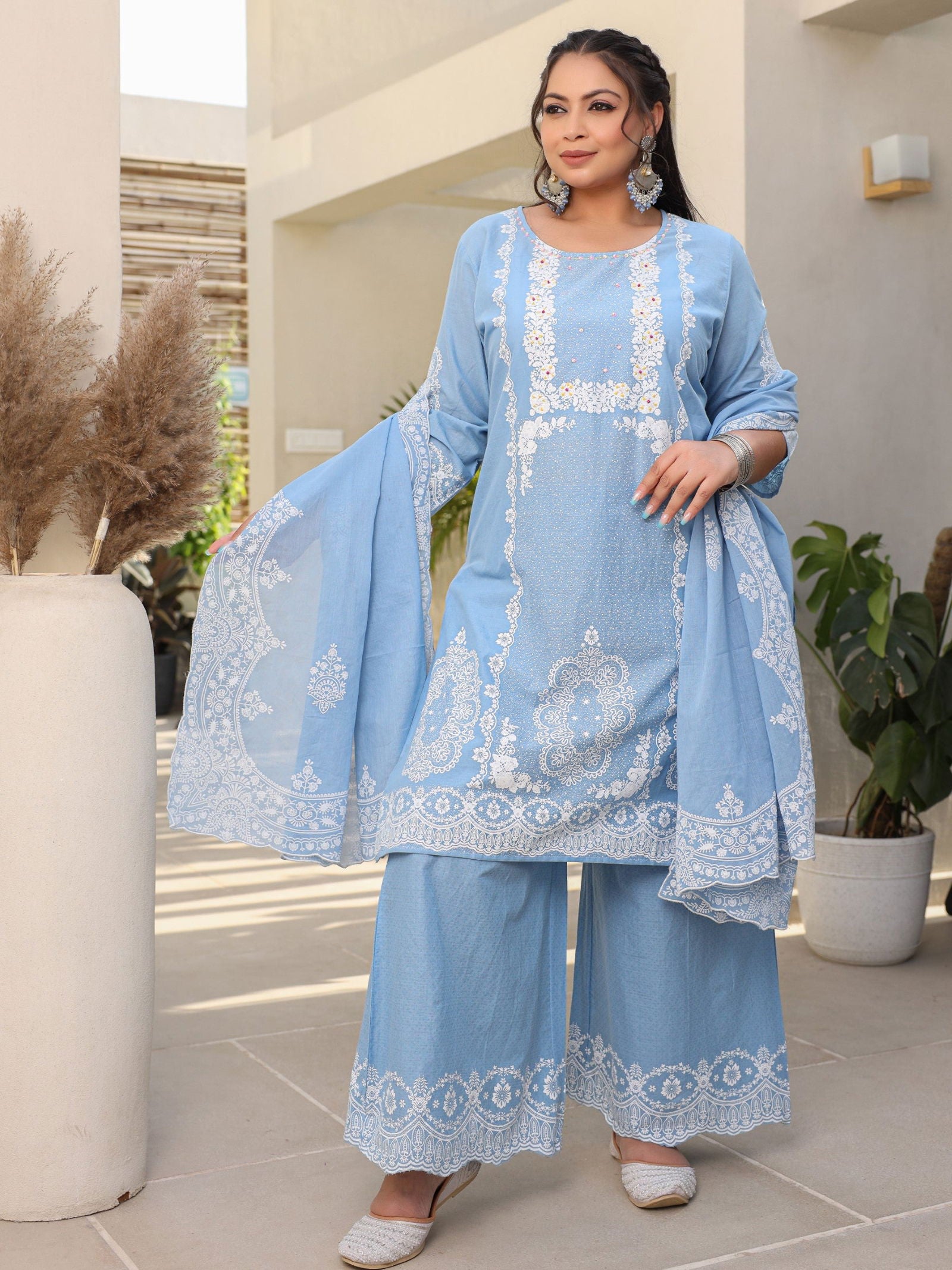 Juniper Blue Ethnic Motif Printed Cotton Cambric Plus Size Kurta Palazzo & Dupatta Set With Beads & Sequins (3-Pcs) 