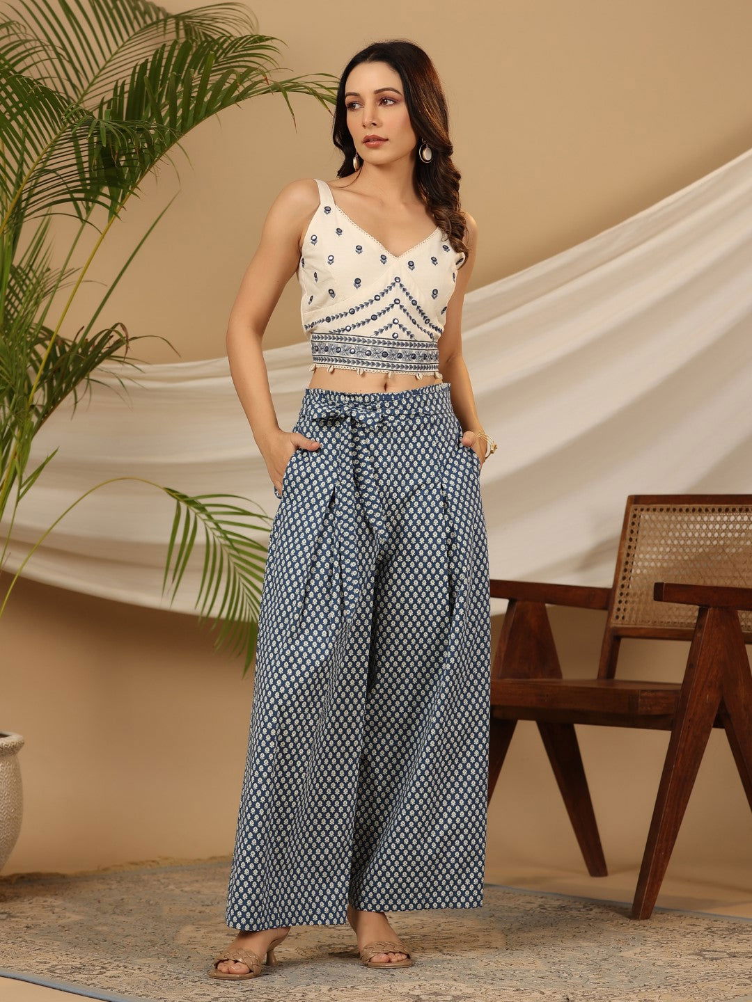Juniper Blue Ethnic Motif Printed Cotton Flex Crop top & Palazzos with Mirror Work Embroidery 