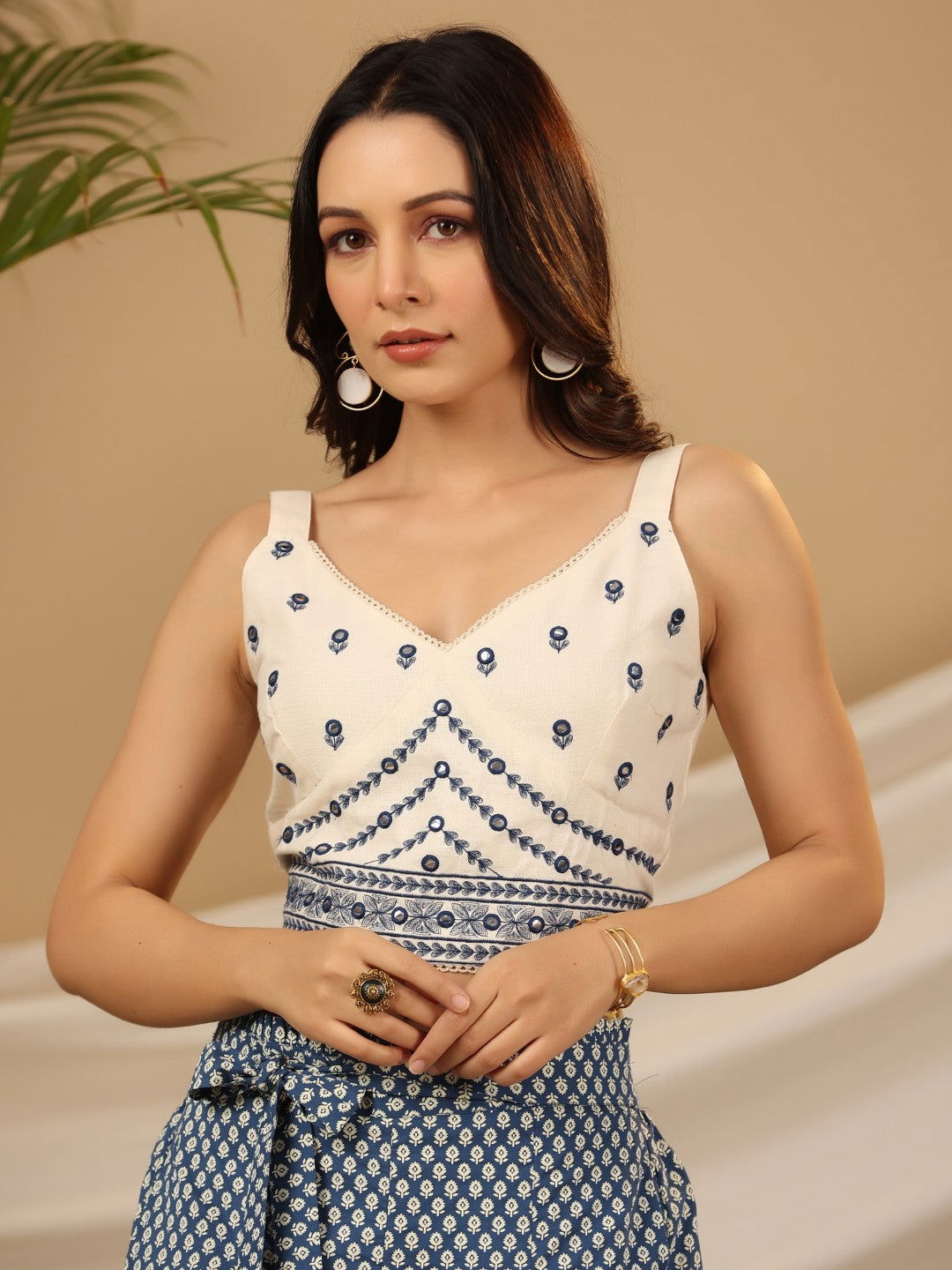 Juniper Blue Ethnic Motif Printed Cotton Flex Crop top & Palazzos with Mirror Work Embroidery 