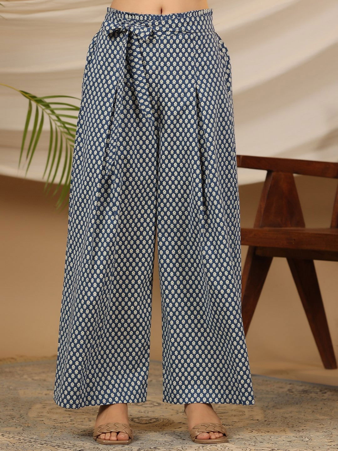 Juniper Blue Ethnic Motif Printed Cotton Flex Crop top & Palazzos with Mirror Work Embroidery 