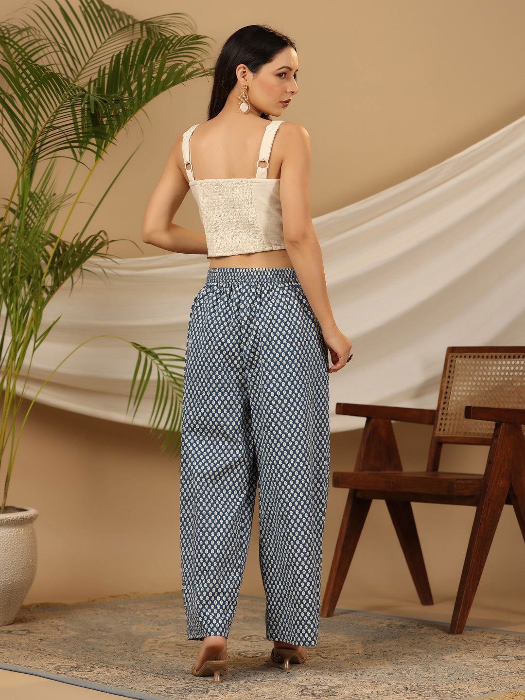 Juniper Blue Ethnic Motif Printed Cotton Flex Crop top & Palazzos with Mirror Work Embroidery 