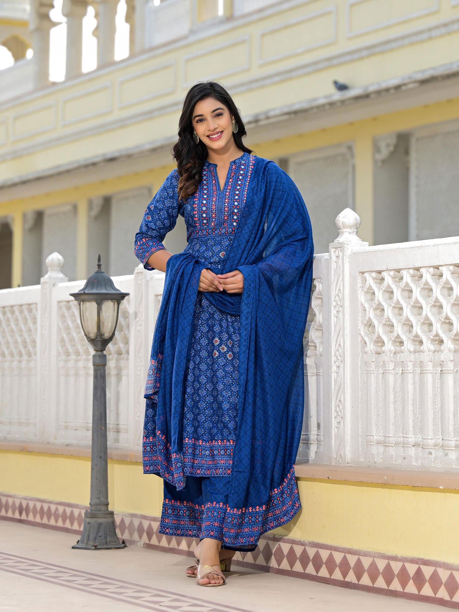 Juniper Blue Ethnic Motif Printed Cotton Kurta, Pant And Dupatta Set With Mirror Work 