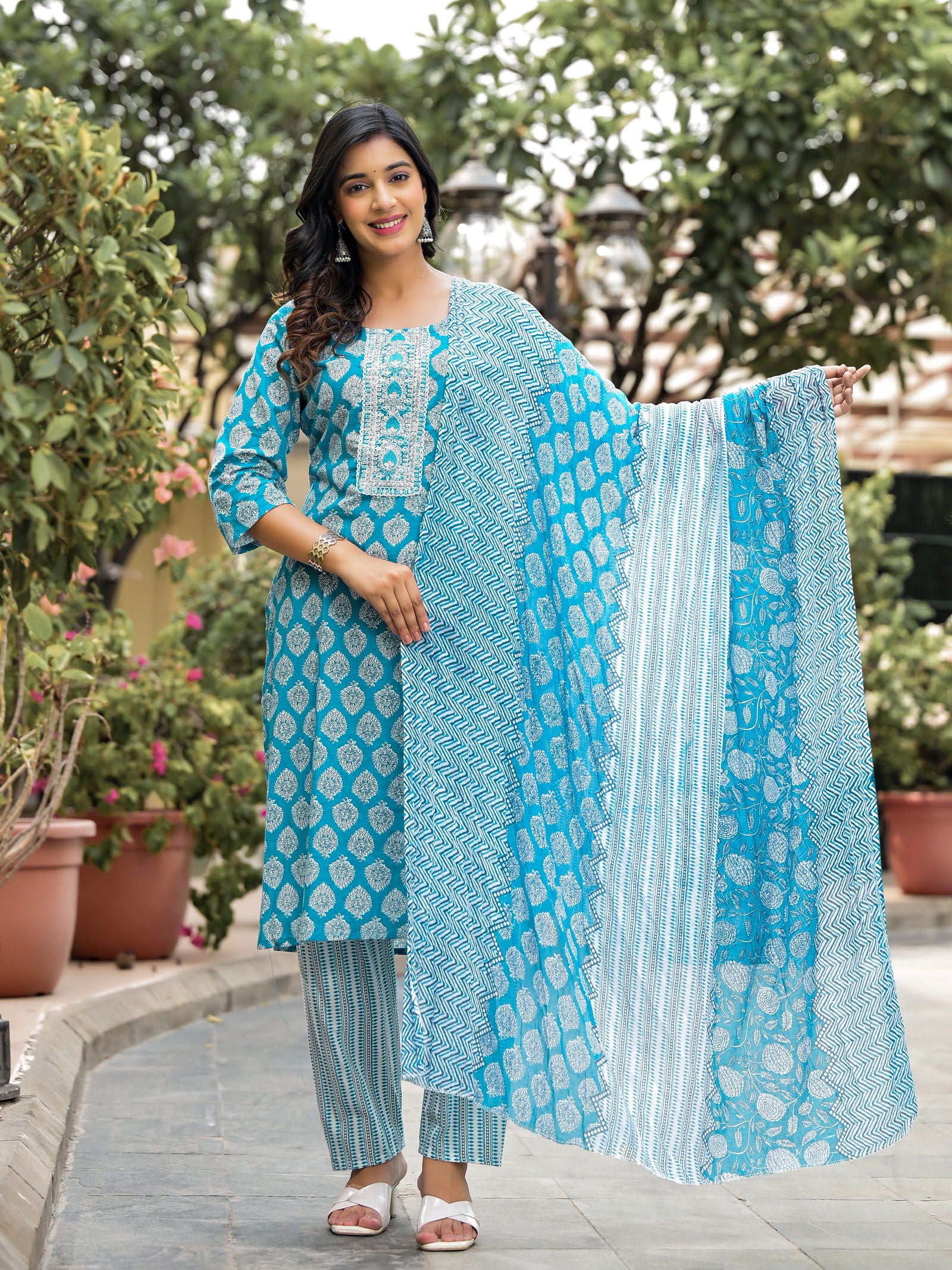 Juniper Blue Ethnic Motif Printed Cotton Kurta, Pant And Dupatta Set With Zari Work 