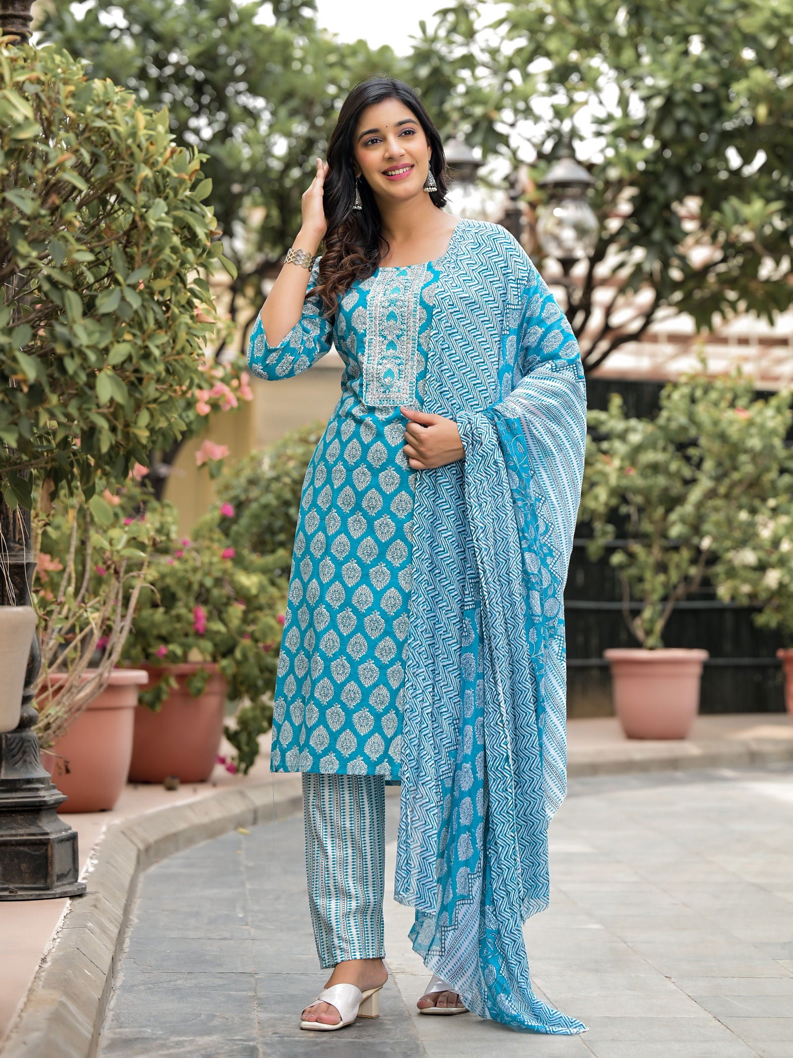 Juniper Blue Ethnic Motif Printed Cotton Kurta, Pant And Dupatta Set With Zari Work 