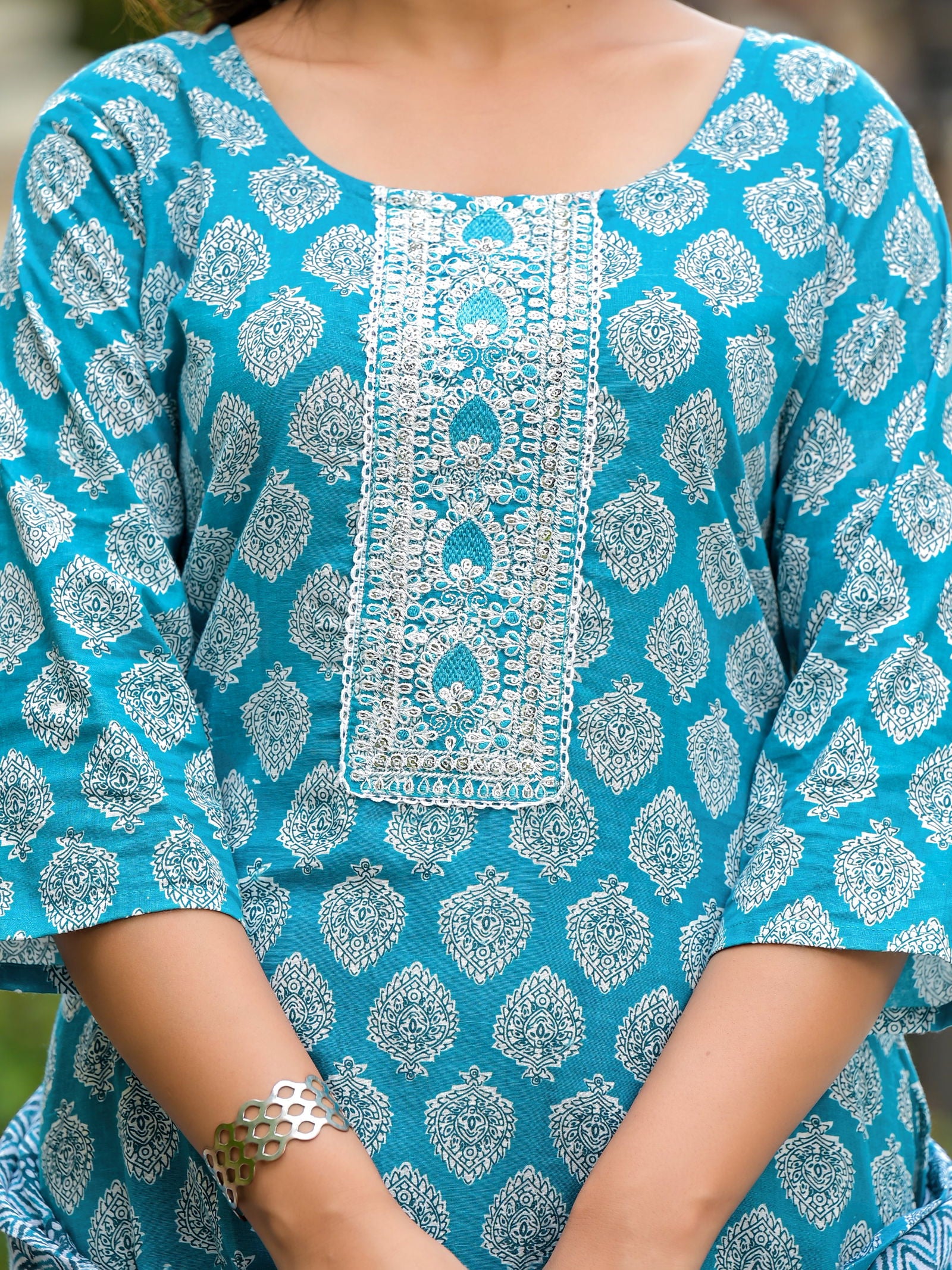 Juniper Blue Ethnic Motif Printed Cotton Kurta, Pant And Dupatta Set With Zari Work 