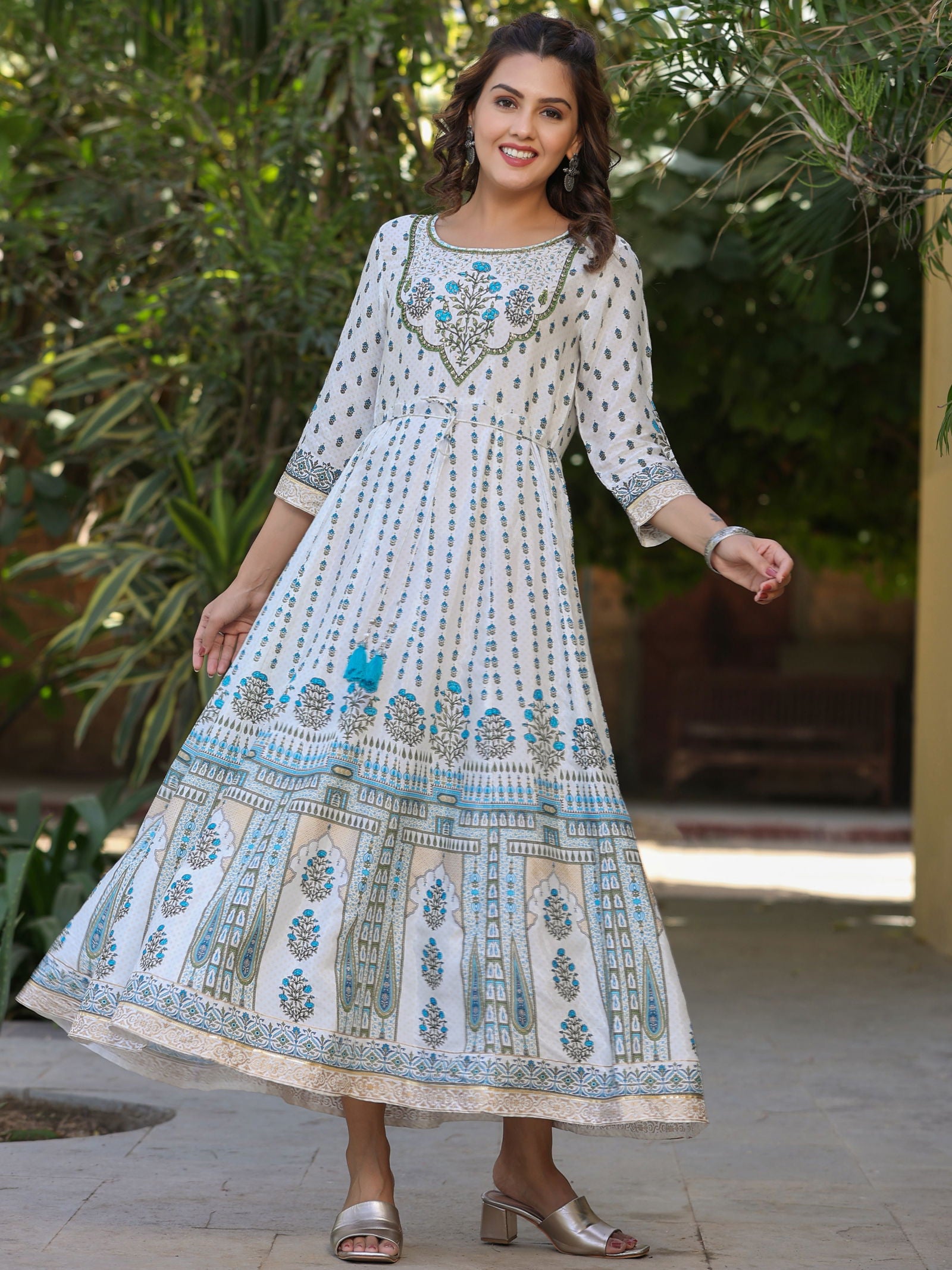 Juniper Blue Ethnic Motif Printed Flared Shantoon Maxi Dress With Beads & Sequins Work 