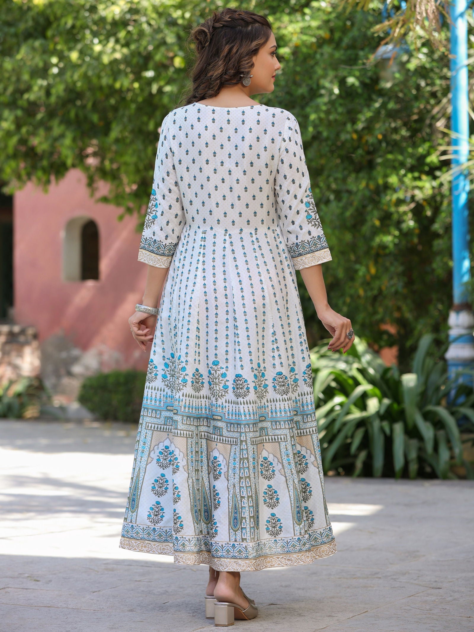 Juniper Blue Ethnic Motif Printed Flared Shantoon Maxi Dress With Beads & Sequins Work 