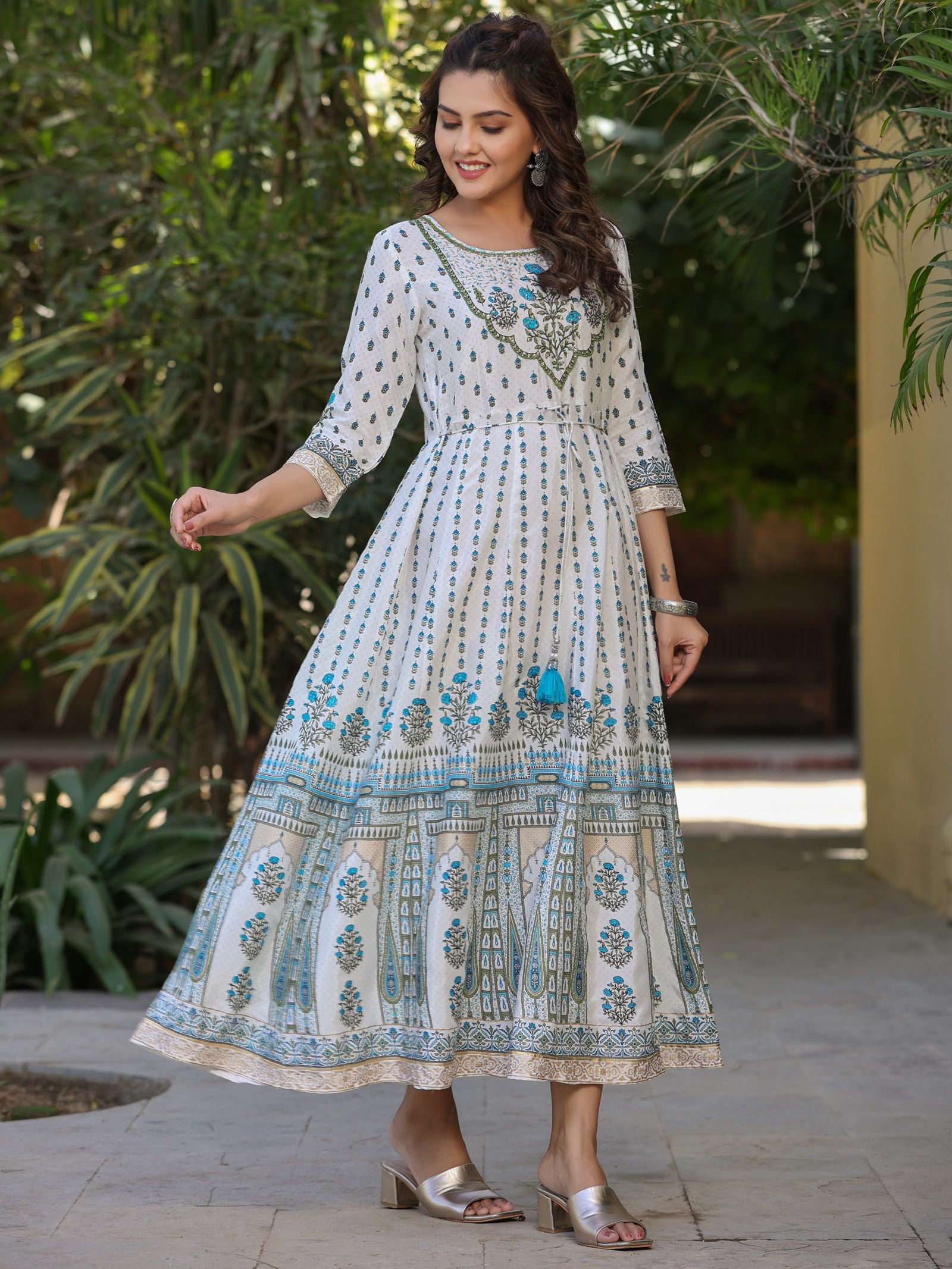 Juniper Blue Ethnic Motif Printed Flared Shantoon Maxi Dress With Beads & Sequins Work 