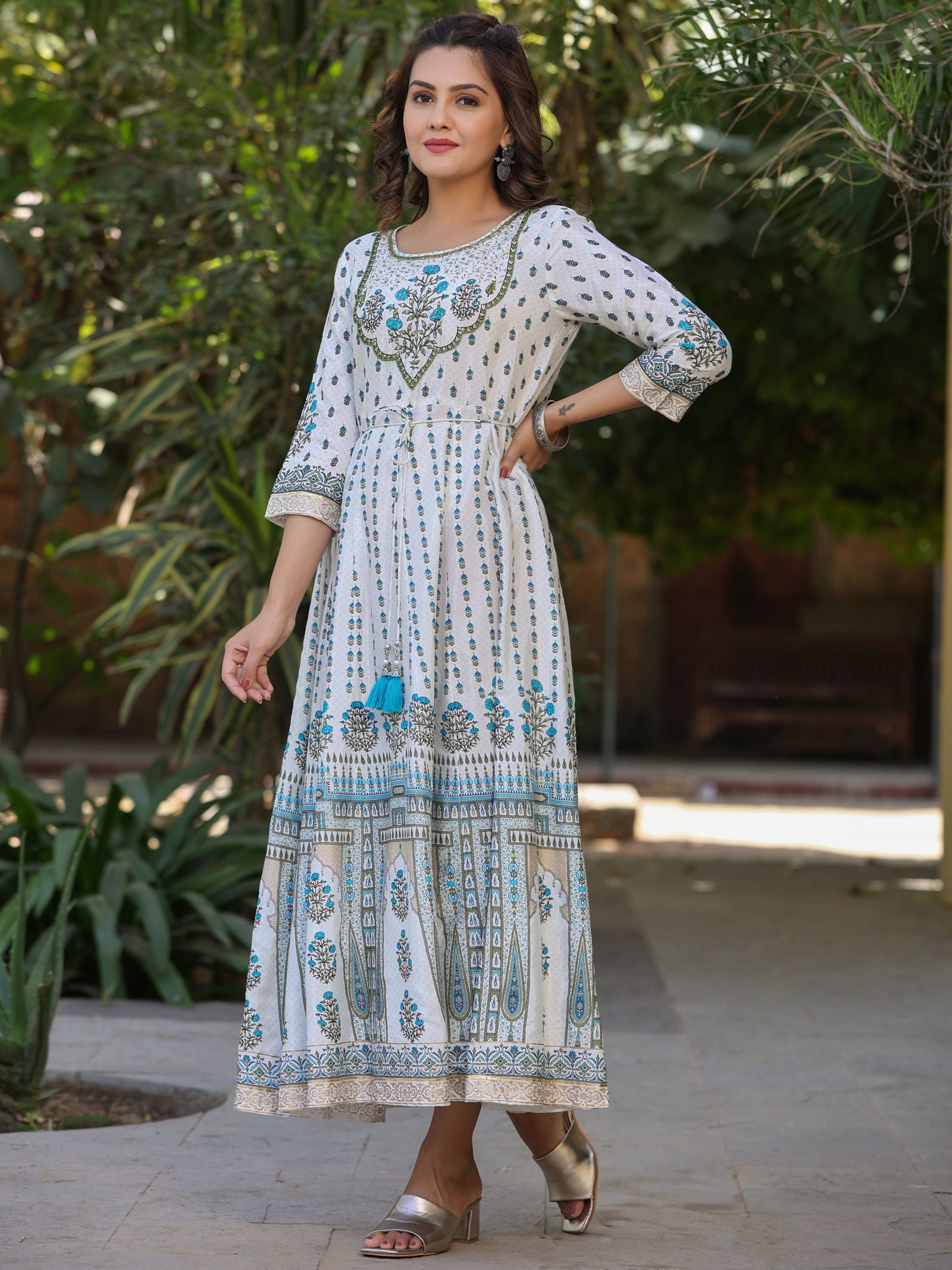 Juniper Blue Ethnic Motif Printed Flared Shantoon Maxi Dress With Beads & Sequins Work 