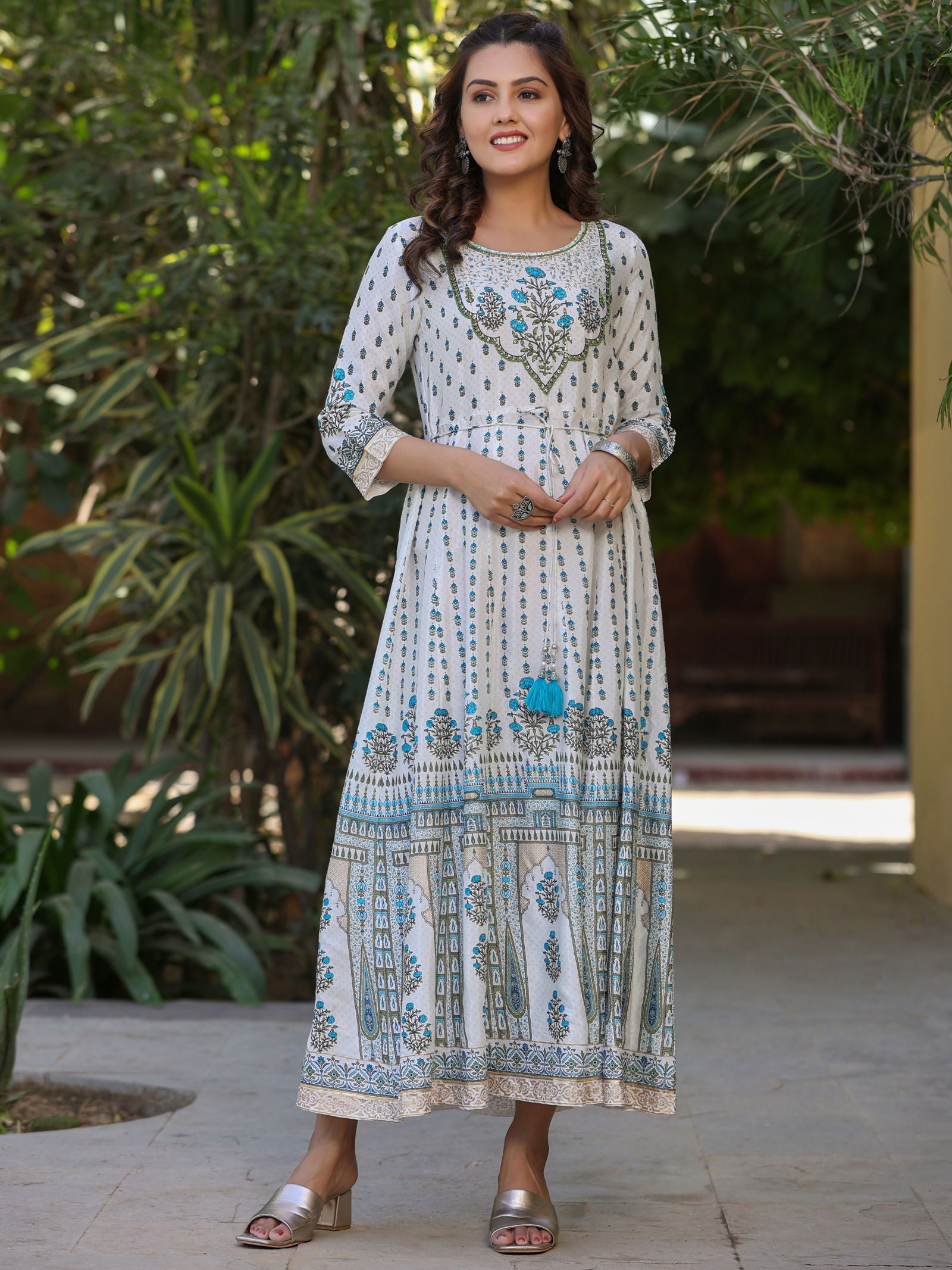 Juniper Blue Ethnic Motif Printed Flared Shantoon Maxi Dress With Beads & Sequins Work 