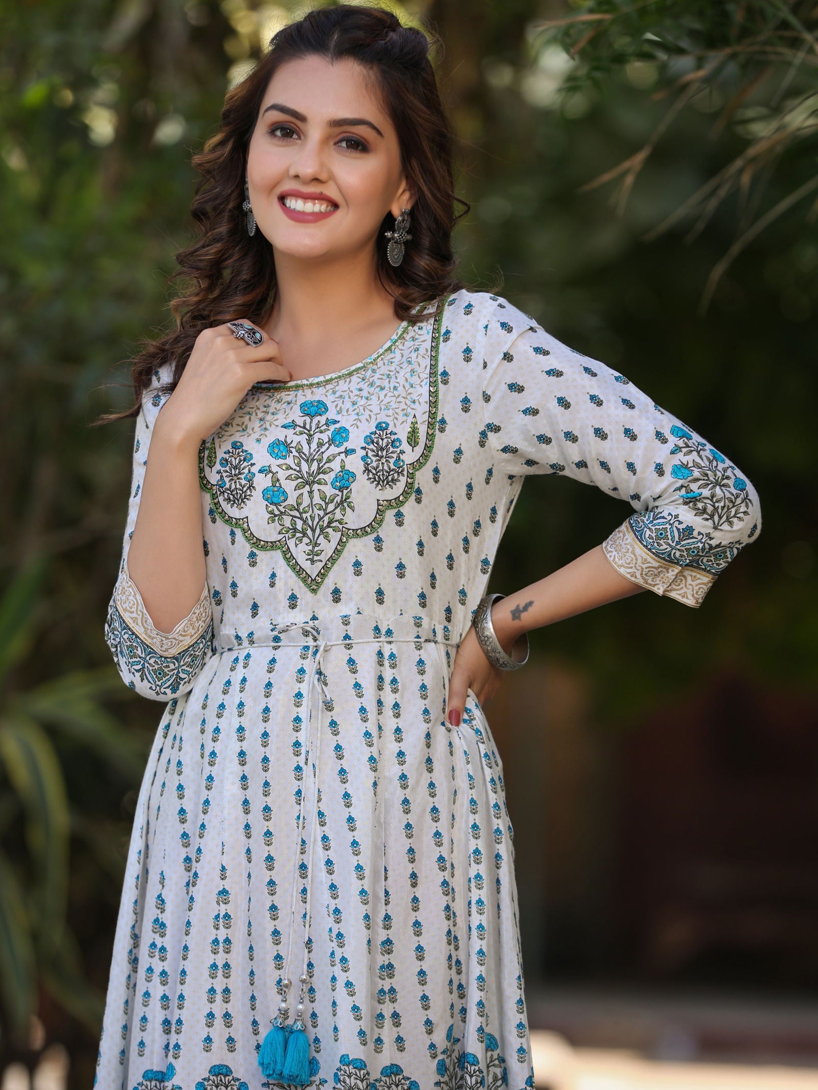 Juniper Blue Ethnic Motif Printed Flared Shantoon Maxi Dress With Beads & Sequins Work 