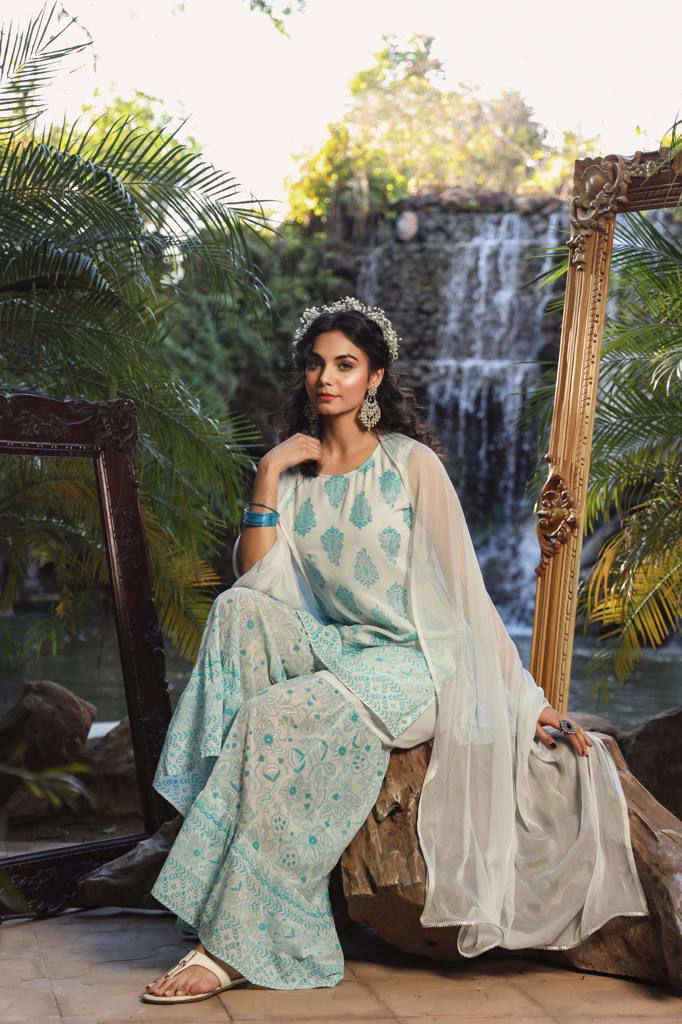 Juniper Blue Ethnic Motif Printed Georgette Kurta Sharara & Chiffon Dupatta Set 