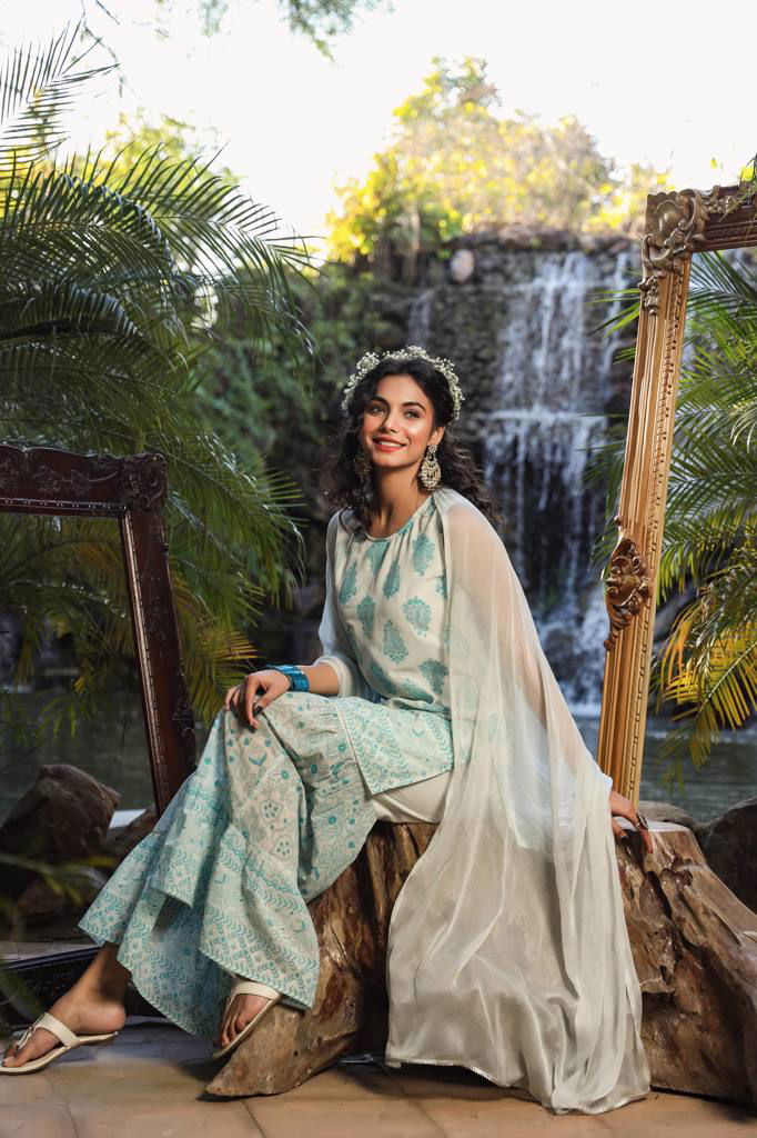 Juniper Blue Ethnic Motif Printed Georgette Kurta Sharara & Chiffon Dupatta Set 