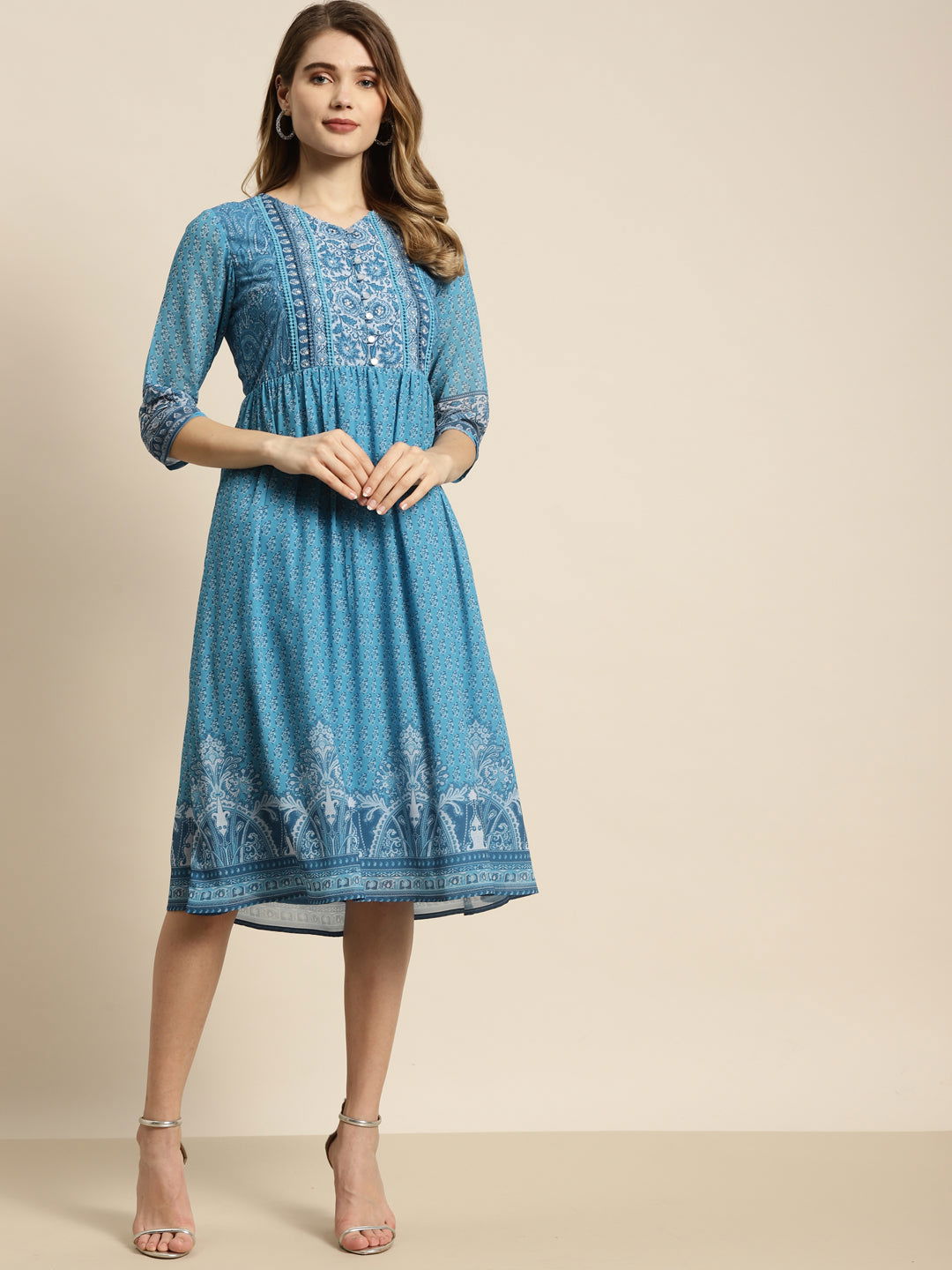 Juniper Blue Ethnic Motif Printed Georgette Midi Dress with Beads & Sequins Detail 