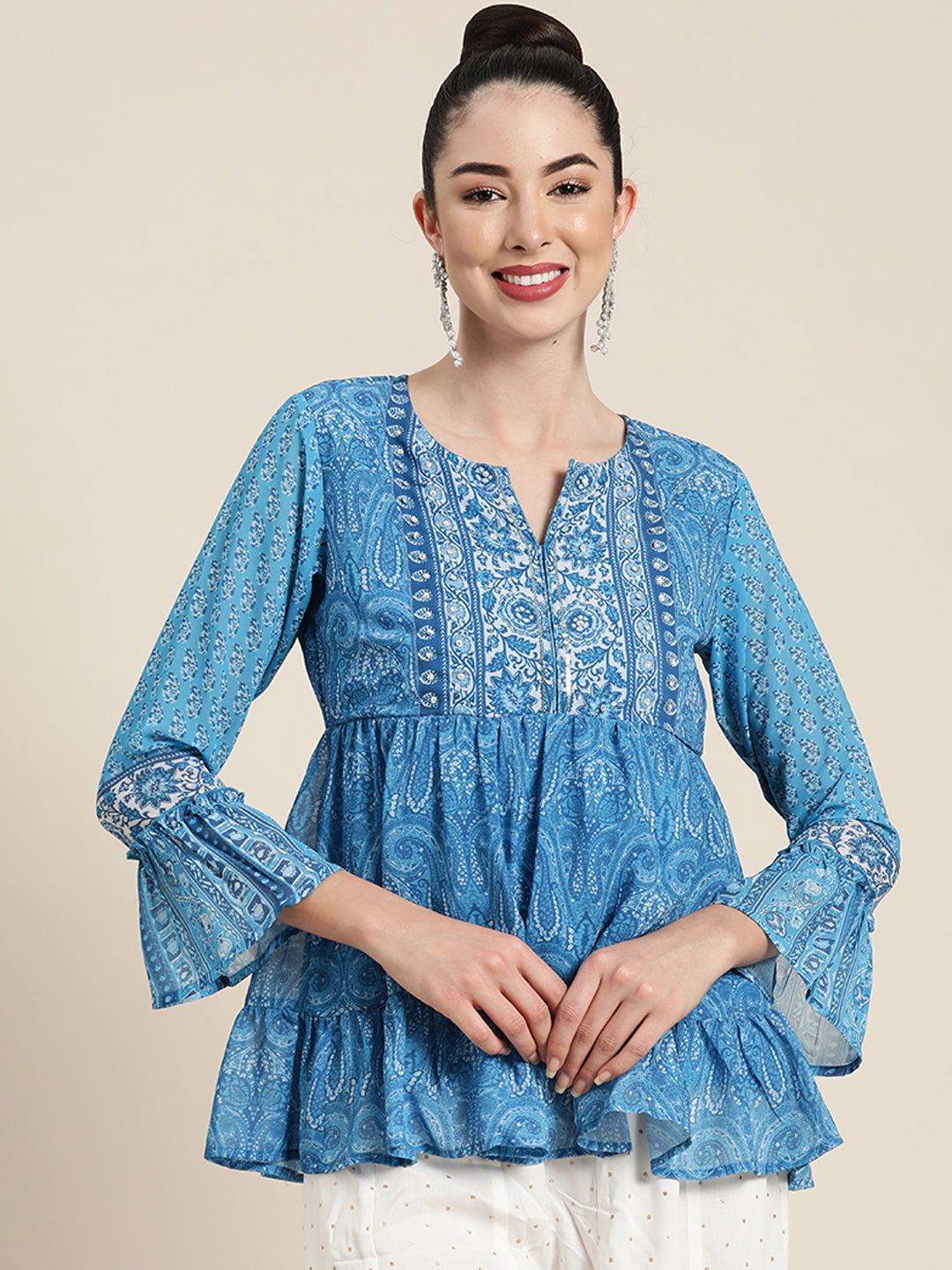 Juniper Blue Ethnic Motif Printed  Georgette Tunic with Beads & Sequins 