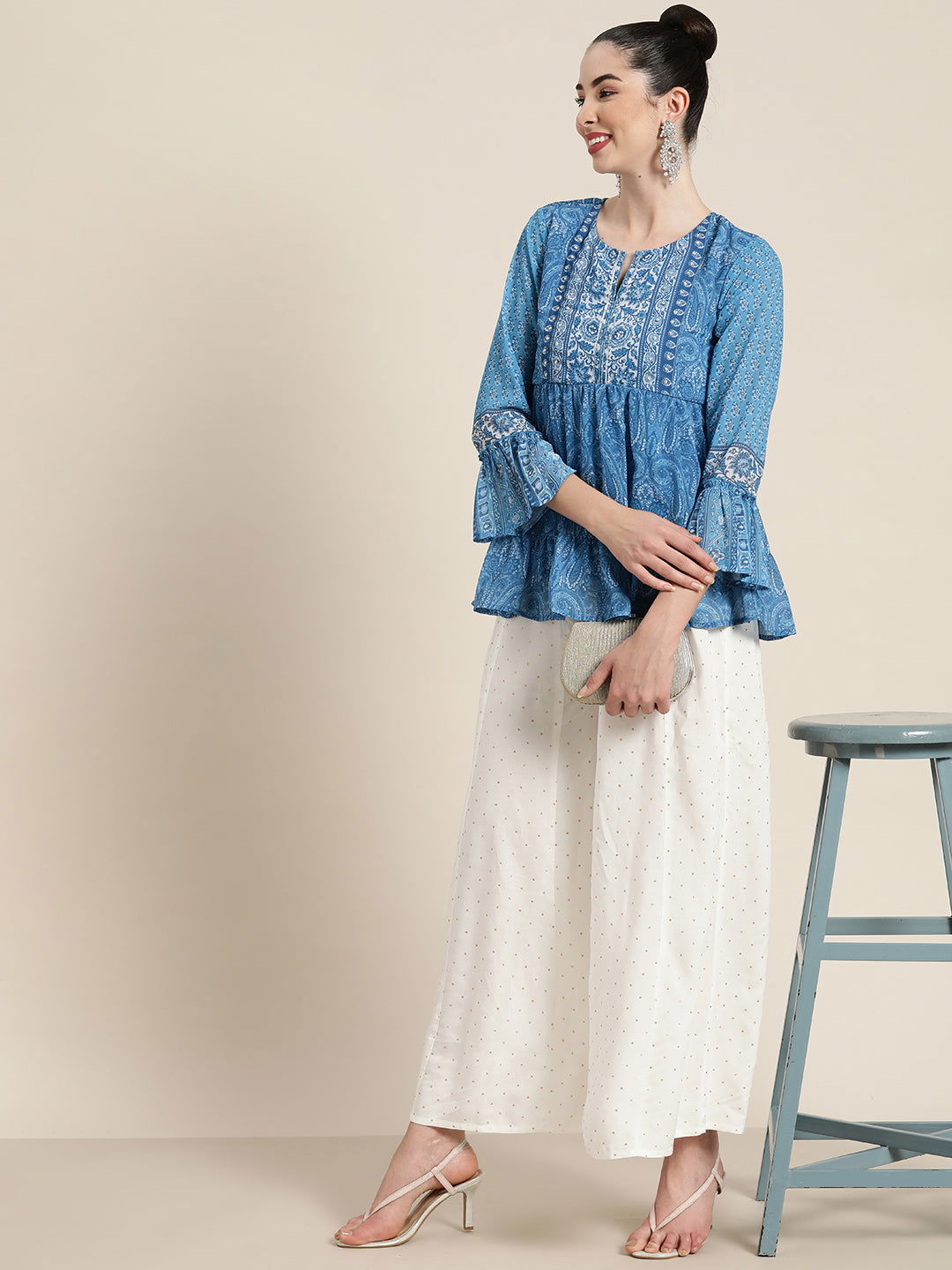 Juniper Blue Ethnic Motif Printed  Georgette Tunic with Beads & Sequins 