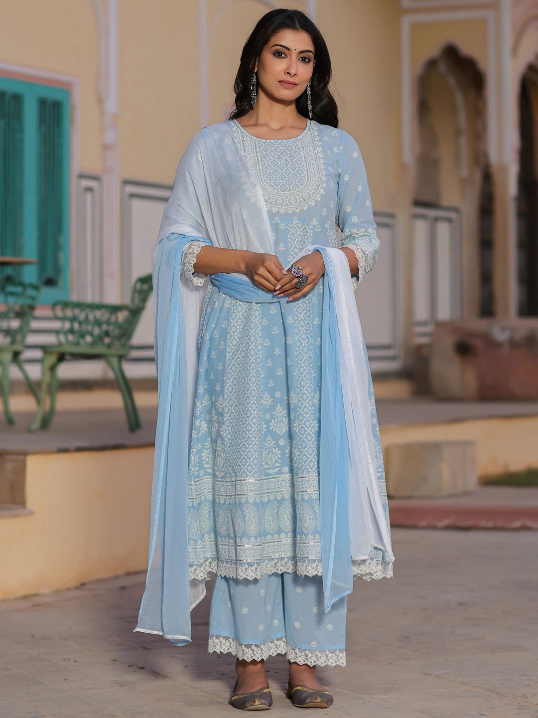 Juniper Blue Ethnic Motif Printed Pure Cotton Anarkali Lacy Kurta Palazzo & Dupatta Set With Sequins Work 