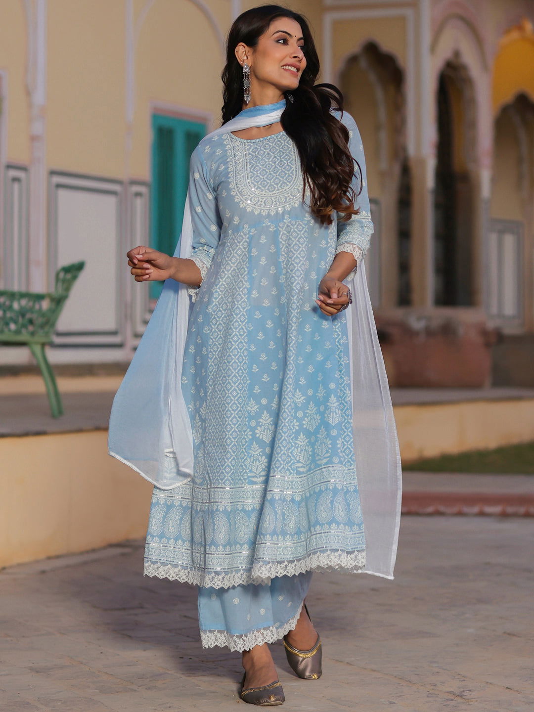Juniper Blue Ethnic Motif Printed Pure Cotton Anarkali Lacy Kurta Palazzo & Dupatta Set With Sequins Work 
