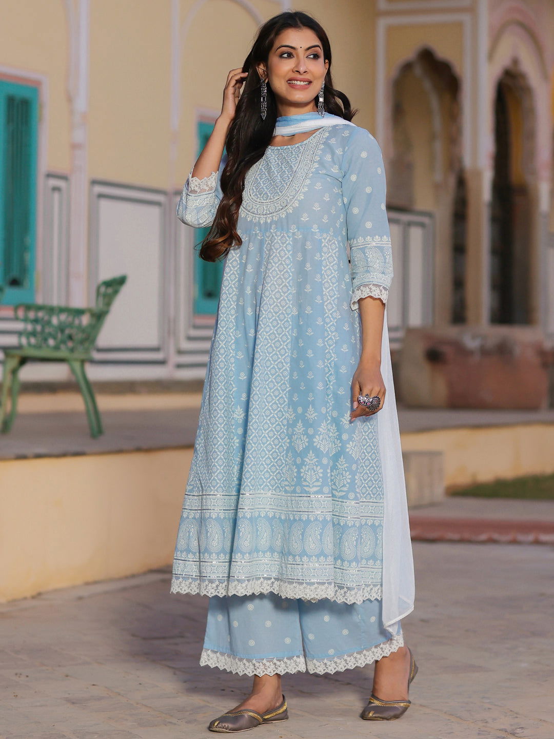 Juniper Blue Ethnic Motif Printed Pure Cotton Anarkali Lacy Kurta Palazzo & Dupatta Set With Sequins Work 