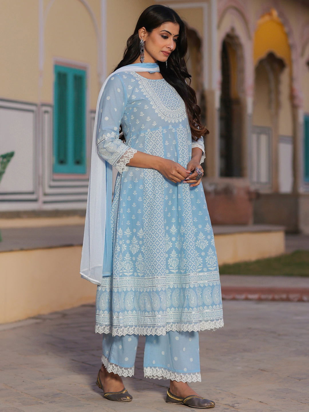 Juniper Blue Ethnic Motif Printed Pure Cotton Anarkali Lacy Kurta Palazzo & Dupatta Set With Sequins Work 