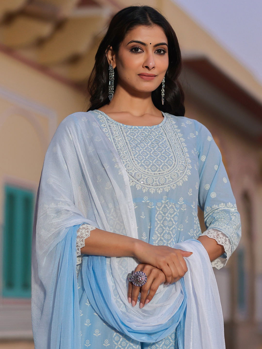 Juniper Blue Ethnic Motif Printed Pure Cotton Anarkali Lacy Kurta Palazzo & Dupatta Set With Sequins Work 