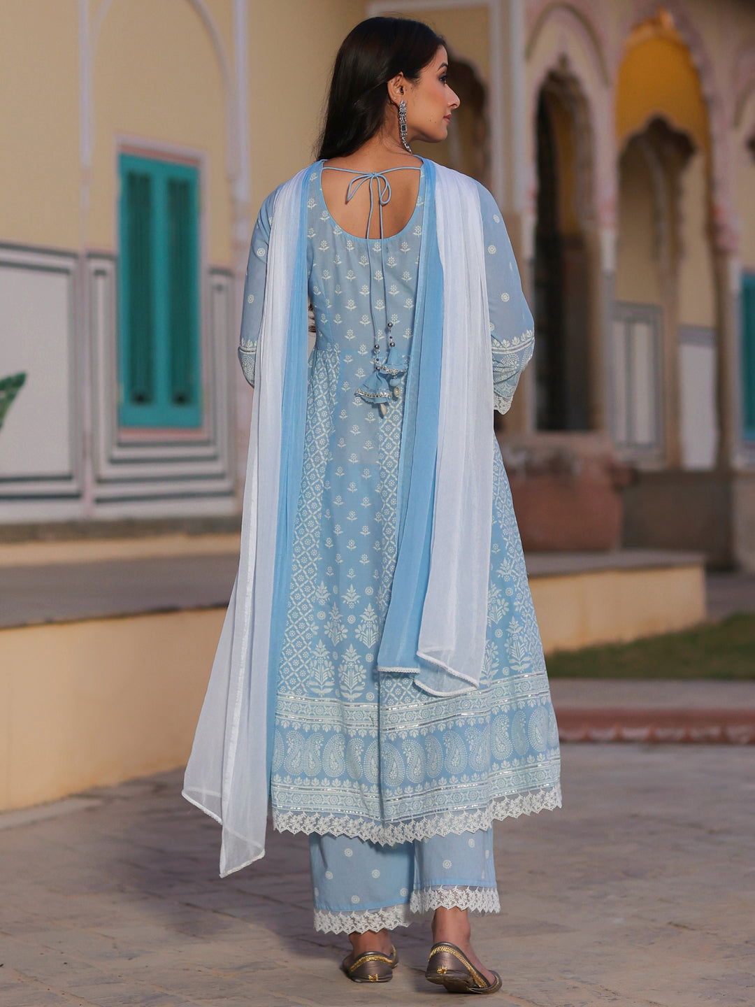 Juniper Blue Ethnic Motif Printed Pure Cotton Anarkali Lacy Kurta Palazzo & Dupatta Set With Sequins Work 
