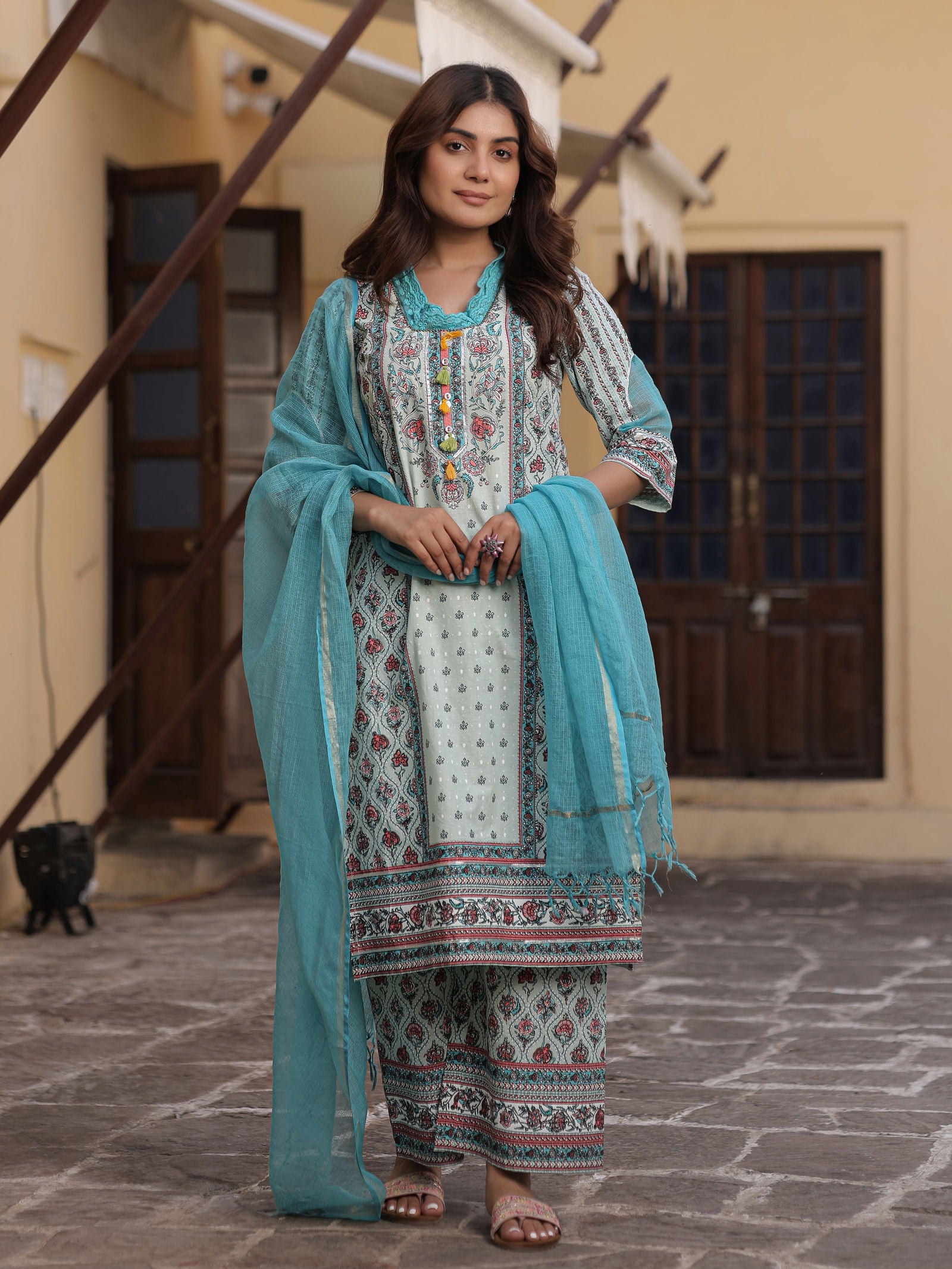 Juniper Blue Ethnic Motif Printed Pure Cotton Kurta Palazzo & Dupatta Set with Beads 