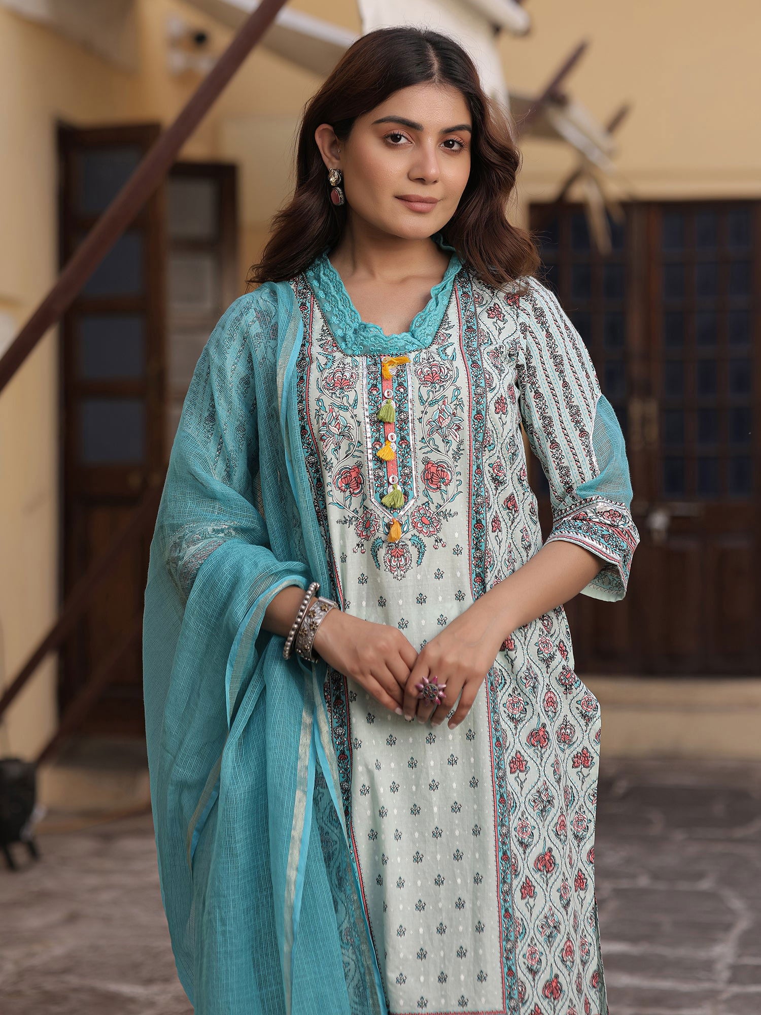 Juniper Blue Ethnic Motif Printed Pure Cotton Kurta Palazzo & Dupatta Set with Beads 