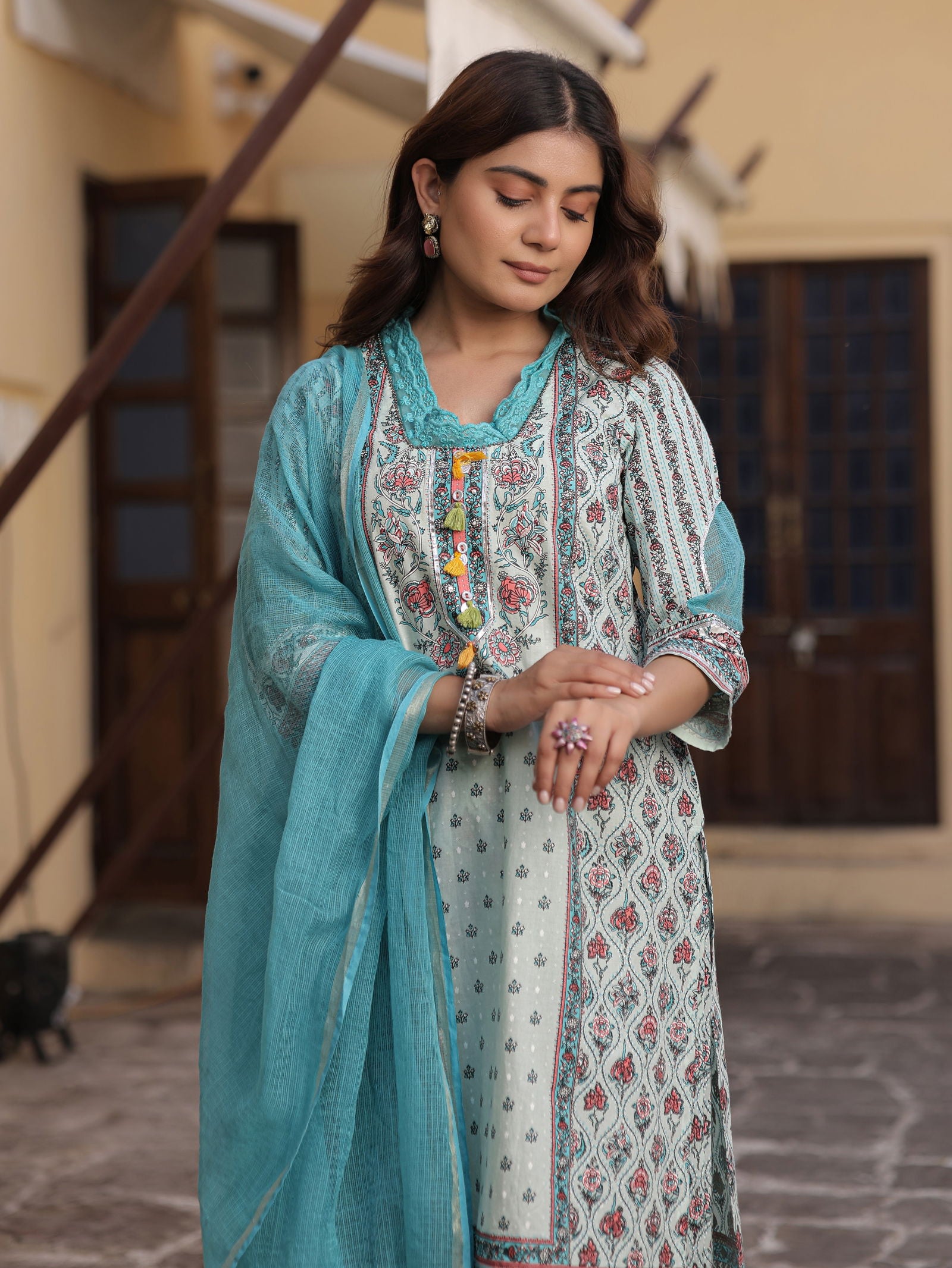 Juniper Blue Ethnic Motif Printed Pure Cotton Kurta Palazzo & Dupatta Set with Beads 
