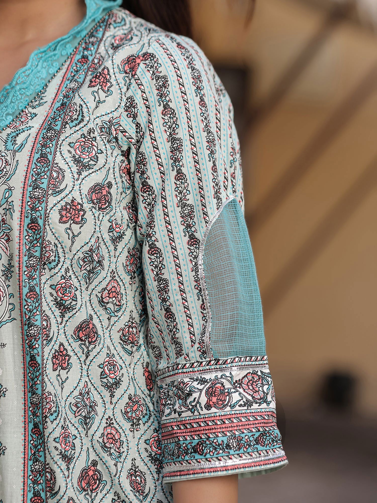 Juniper Blue Ethnic Motif Printed Pure Cotton Kurta Palazzo & Dupatta Set with Beads 