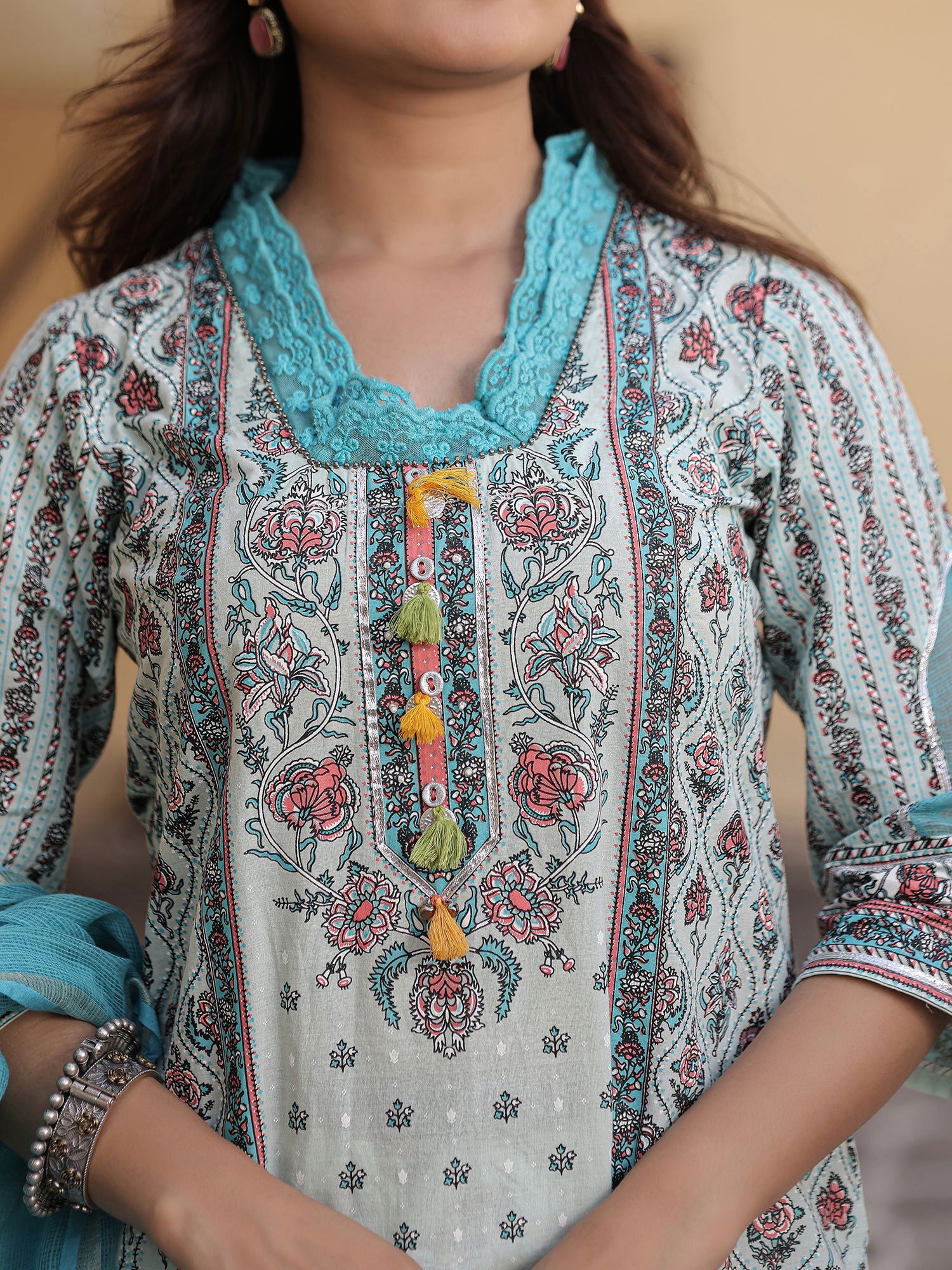 Juniper Blue Ethnic Motif Printed Pure Cotton Kurta Palazzo & Dupatta Set with Beads 
