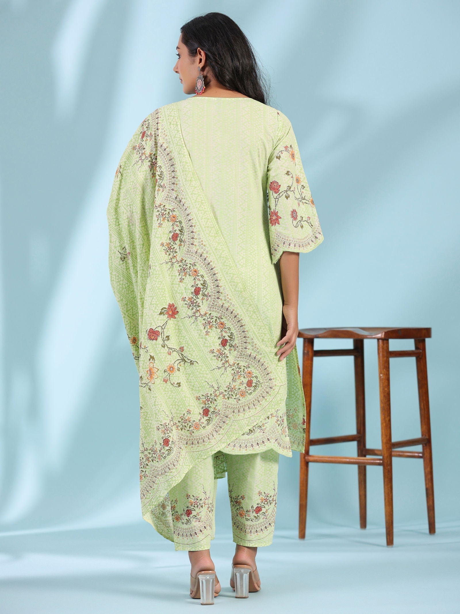 Juniper  Blue Ethnic Motif Printed Pure Cotton Kurta Palazzo & Dupatta Set with Beads & Sequins 