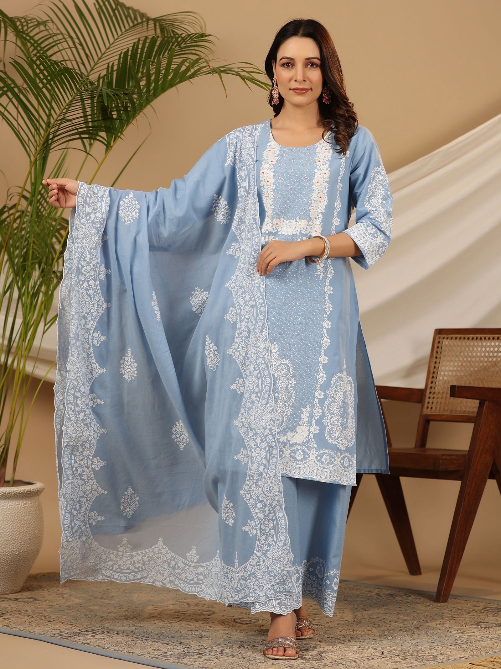 Juniper Blue Ethnic Motif Printed Pure Cotton Kurta Palazzo & Dupatta With Beads & Sequins Work 